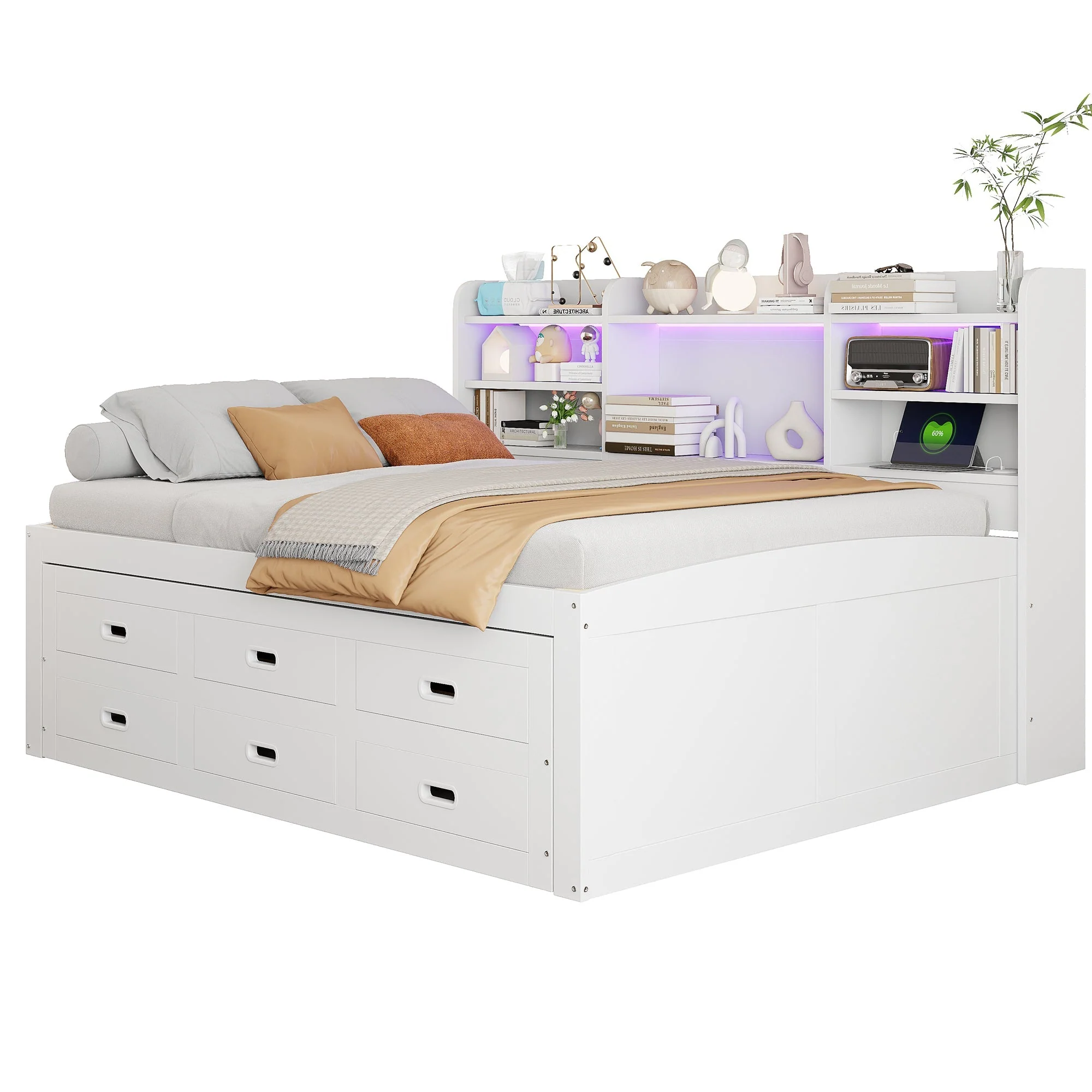 Daybed Sofa Bed 140x200cm Multifunctional Extendable with LED Lights 3 Drawers USB/Type-C White - Image 8