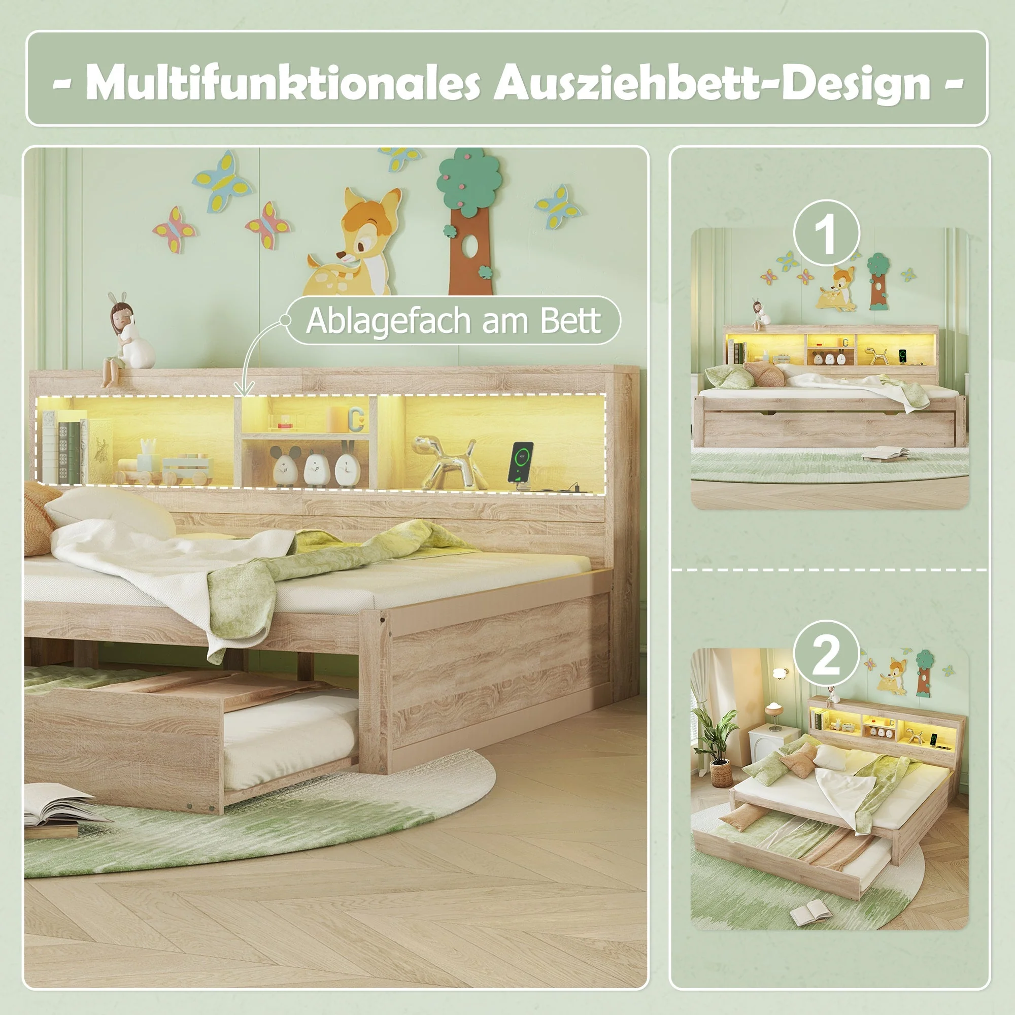 Daybed Sofa Bed 140x200cm Pull-out Bed LED Storage USB/Outlet - Natural - Image 2