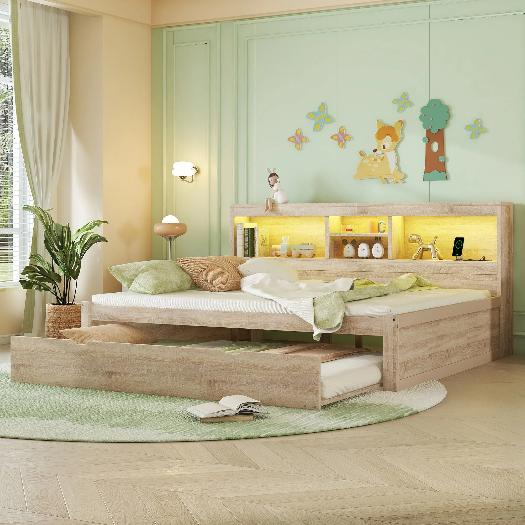 Daybed Sofa Bed 140x200cm Pull-out Bed LED Storage USB/Outlet - Natural - Image 6