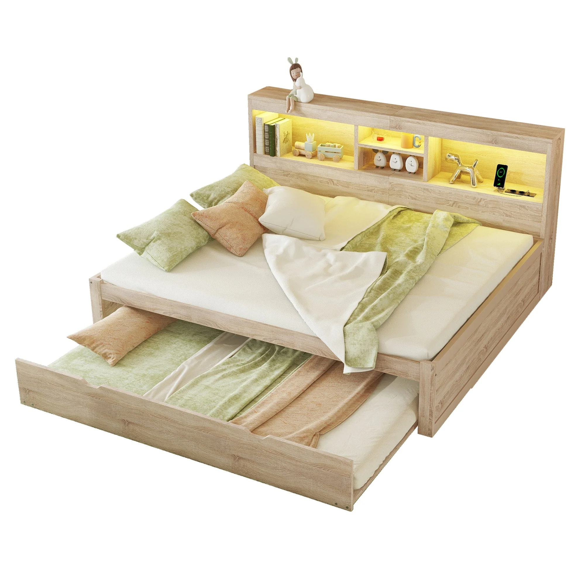 Daybed Sofa Bed 140x200cm Pull-out Bed LED Storage USB/Outlet - Natural - Image 7