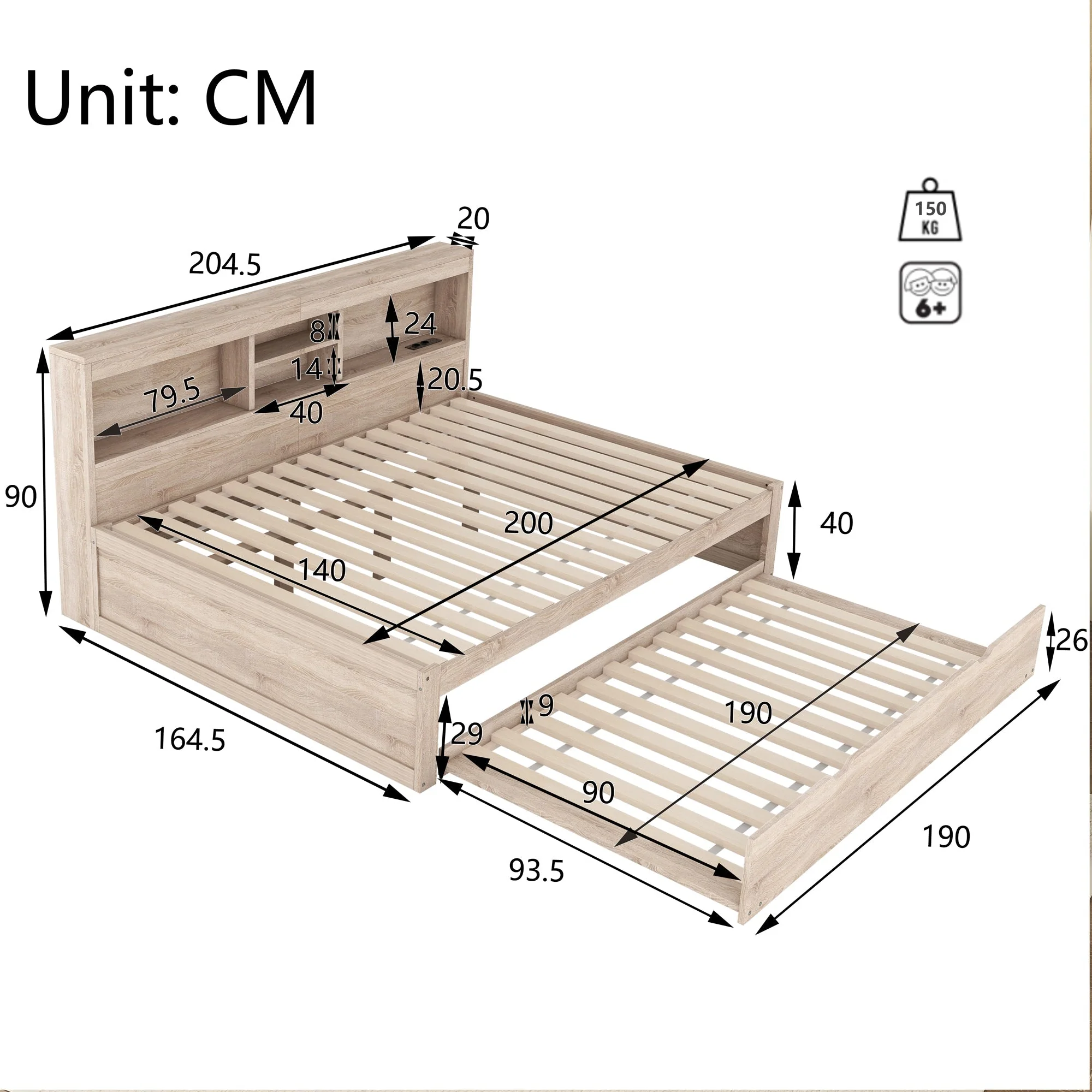 Daybed Sofa Bed 140x200cm Pull-out Bed LED Storage USB/Outlet - Natural - Image 8