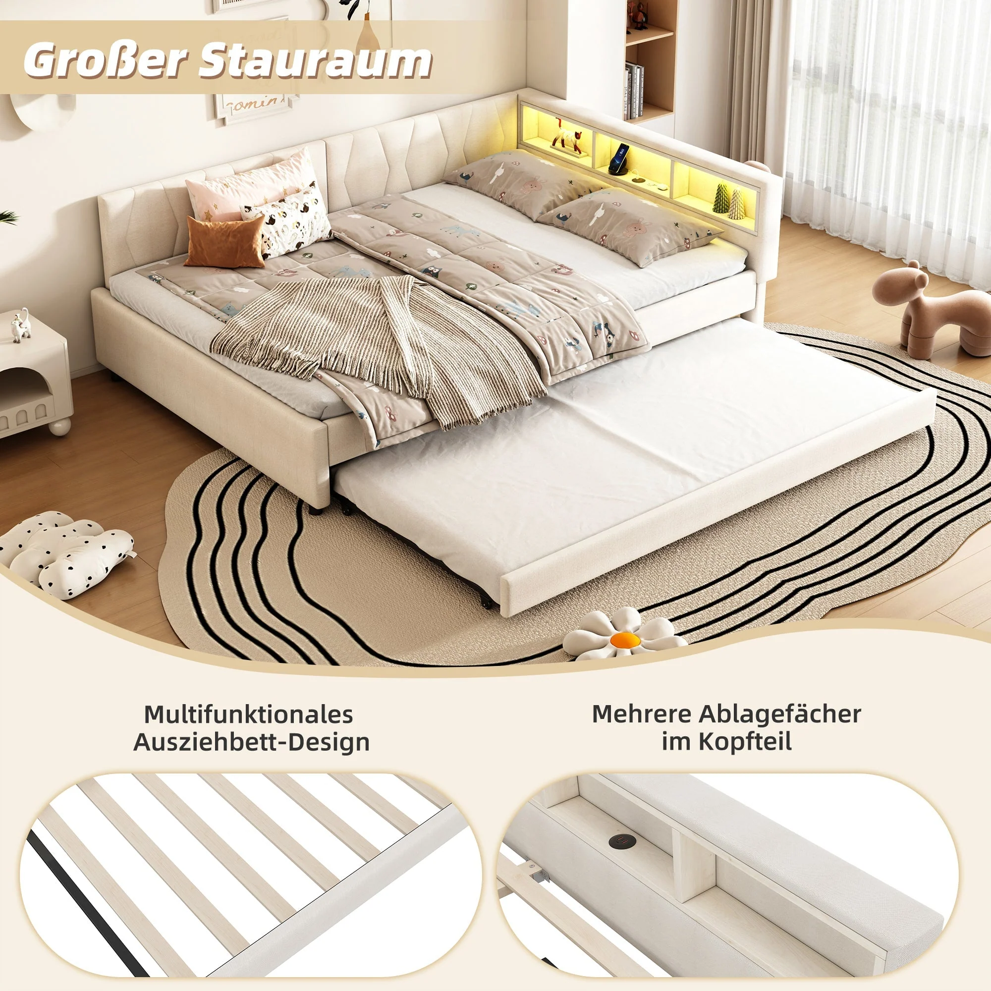 Daybed Sofa Bed 140x200cm Pull-out Bed Storage LED USB/Type-C - Linen Beige - Image 3