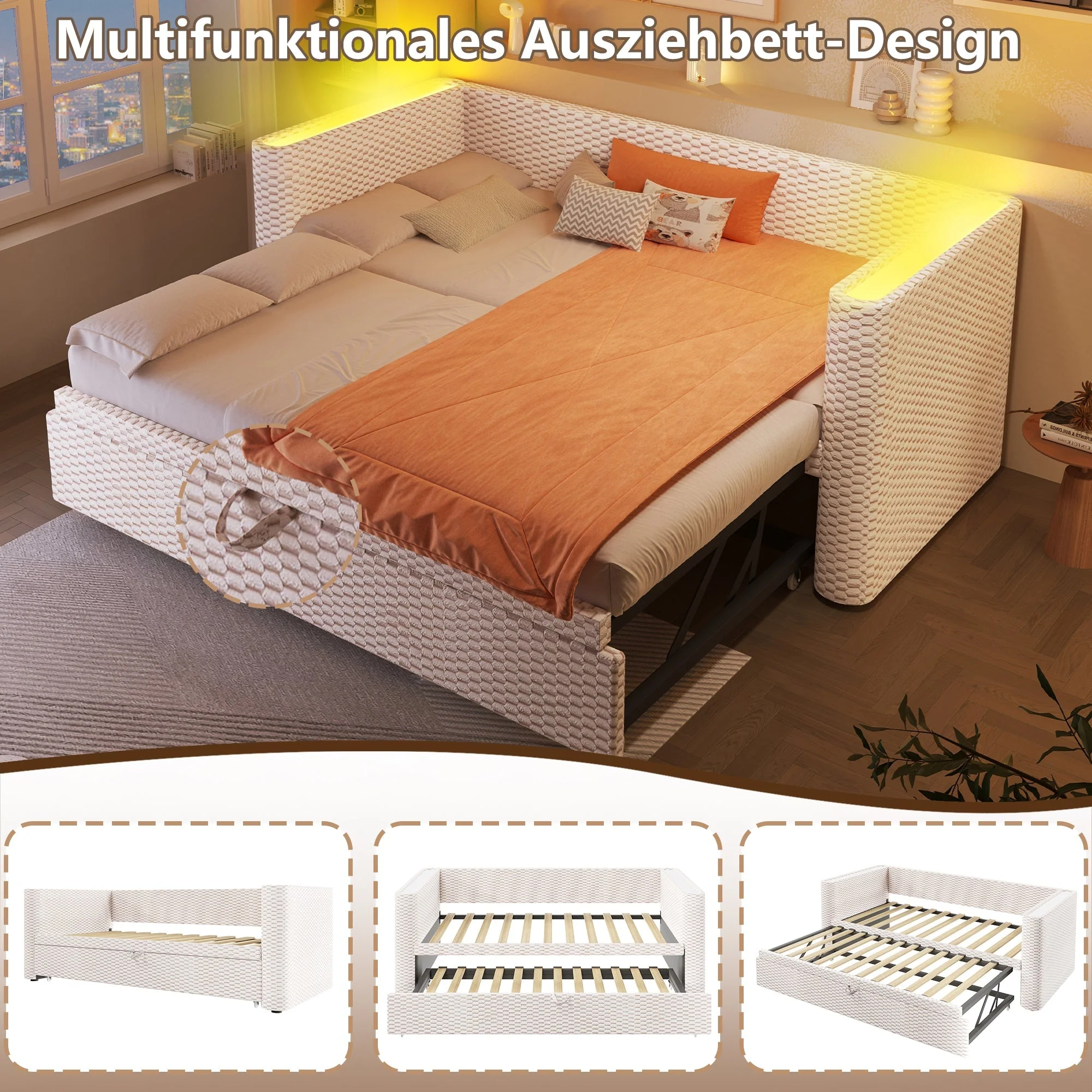 Daybed Sofa Bed 90/180x200cm Pull-out Bed Multifunctional LED Light - Velvet Beige - Image 3