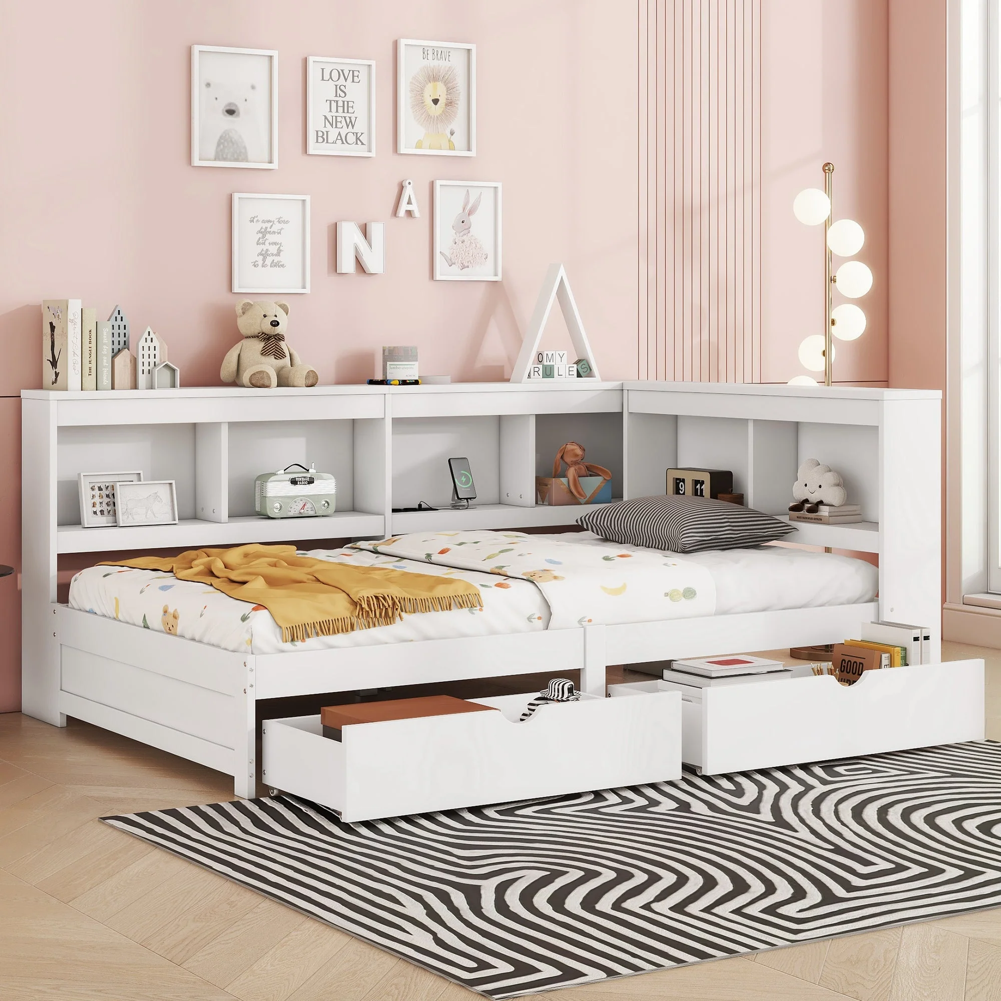 Daybed Sofa Bed 90x200cm 2 Drawers Power Outlet USB - White Chipboard - Image 5