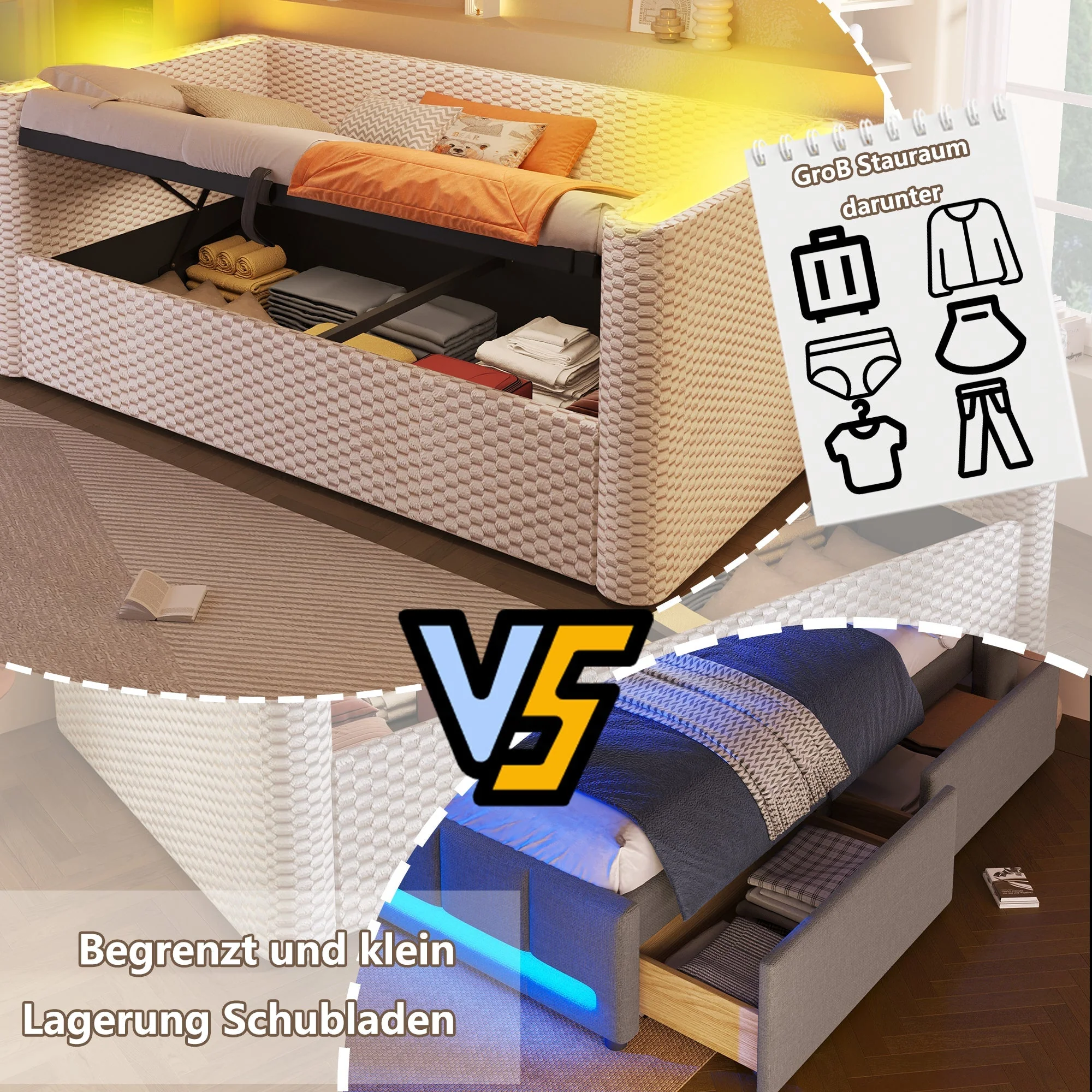 Daybed Sofa Bed 90x200cm Hydraulic Storage LED Lighting Velvet Beige - Image 4