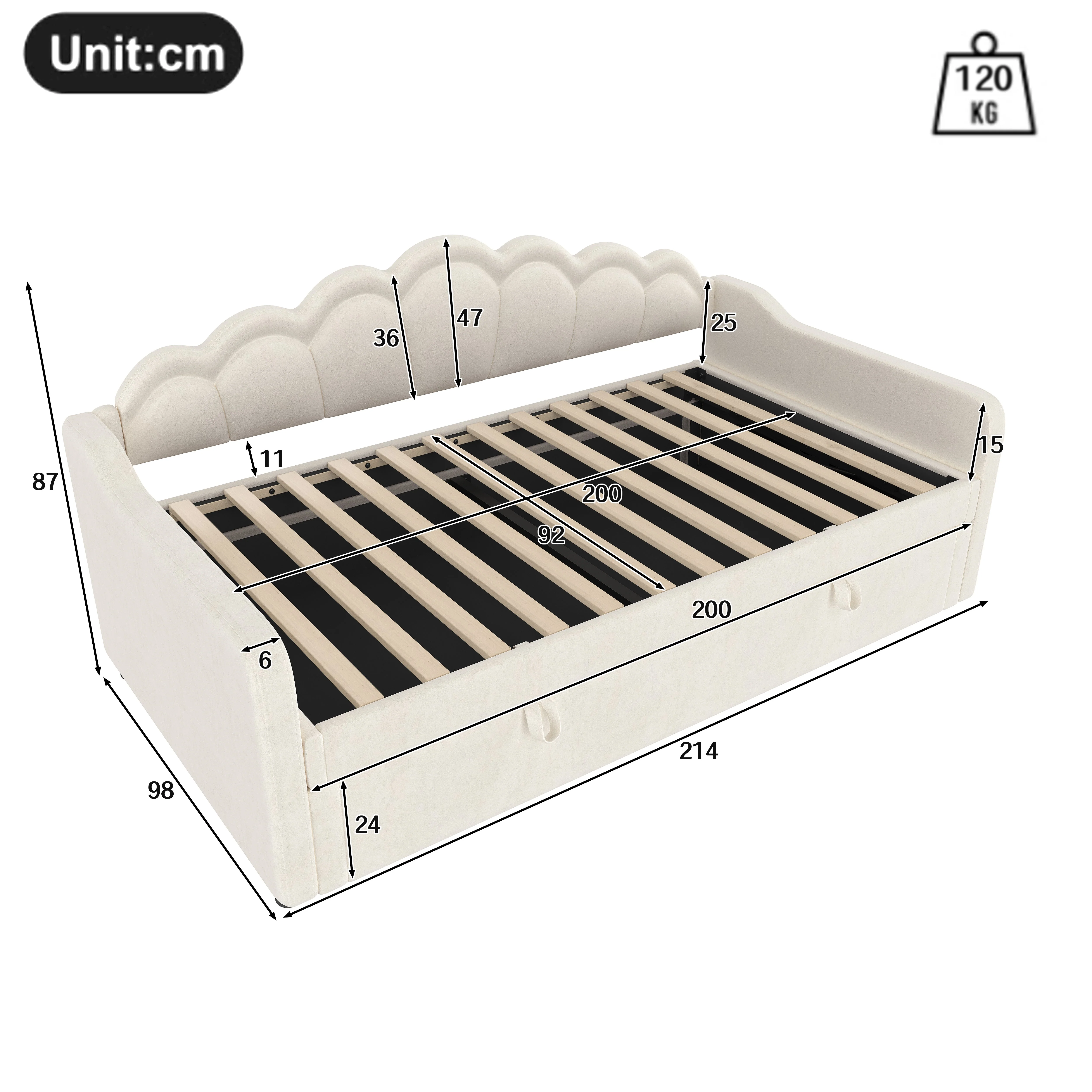 Daybed Sofa Bed 90x200cm Hydraulic Storage LED - Velvet Beige - Image 8
