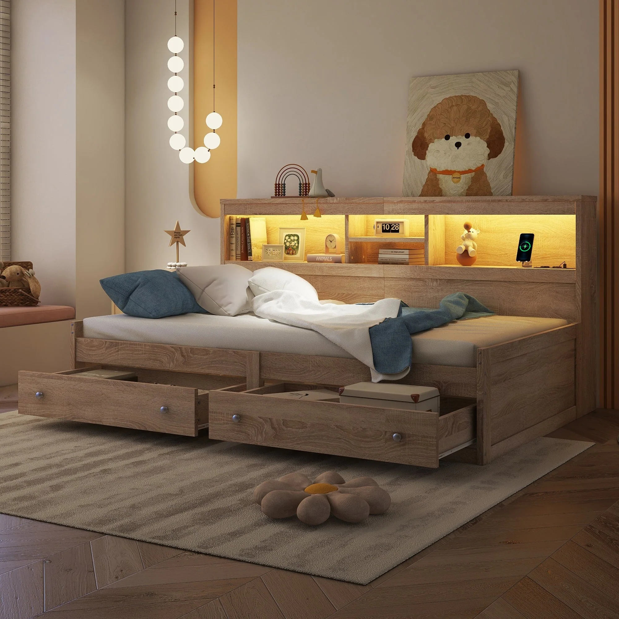 Daybed Sofa Bed 90x200cm Nightstand USB Charging Ambient Lighting 2 Drawers Chipboard Natural - Image 2