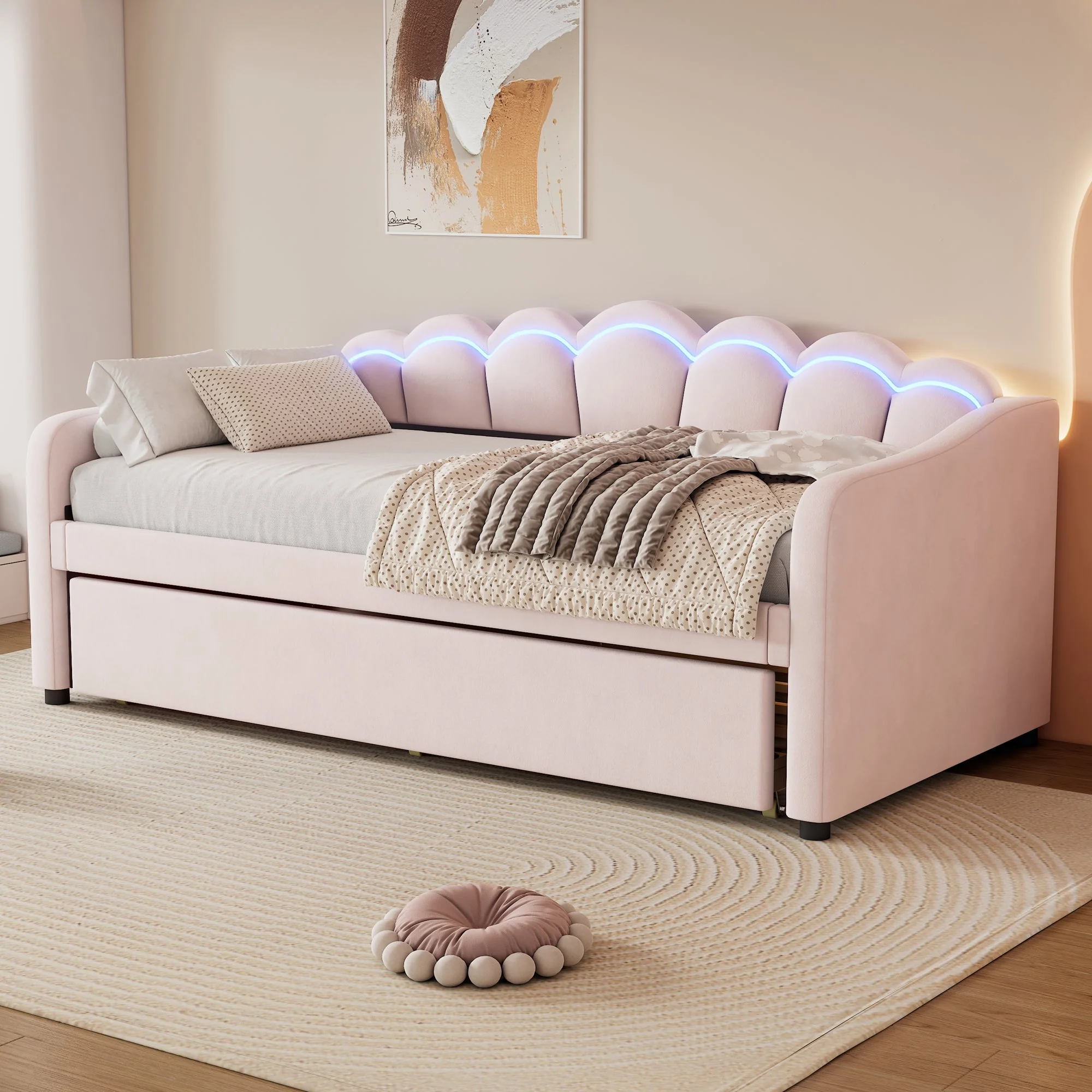 Daybed Sofa Bed 90x200cm Pull-out Bed Ambient Light Remote Control - Velvet Pink - Image 5