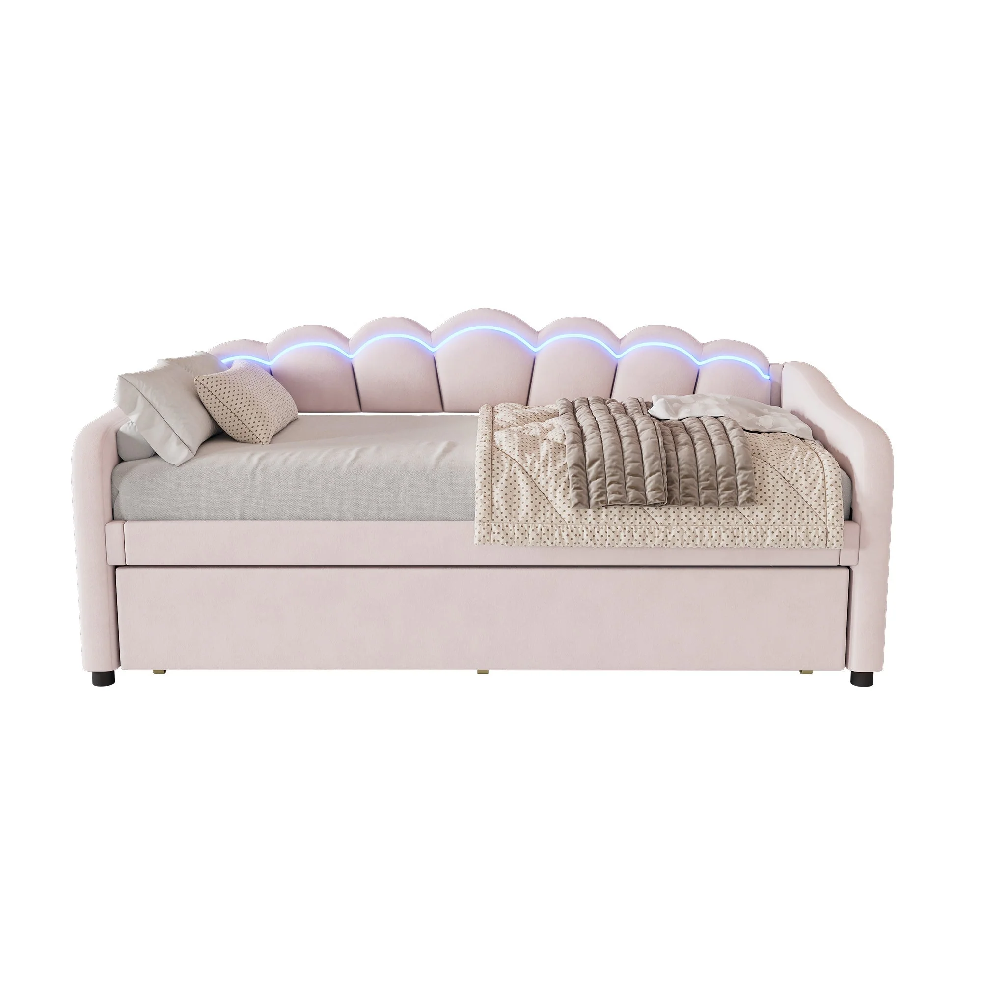 Daybed Sofa Bed 90x200cm Pull-out Bed Ambient Light Remote Control - Velvet Pink - Image 8