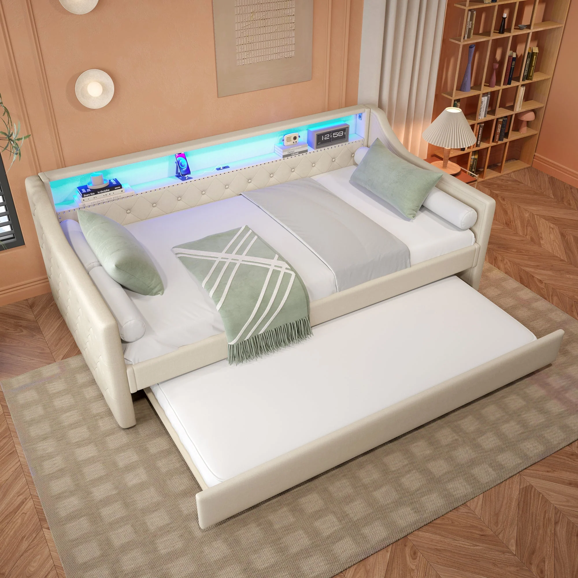 Daybed Sofa Bed 90x200cm Pull-out Bed LED Light USB Charging - Linen Beige - Image 4