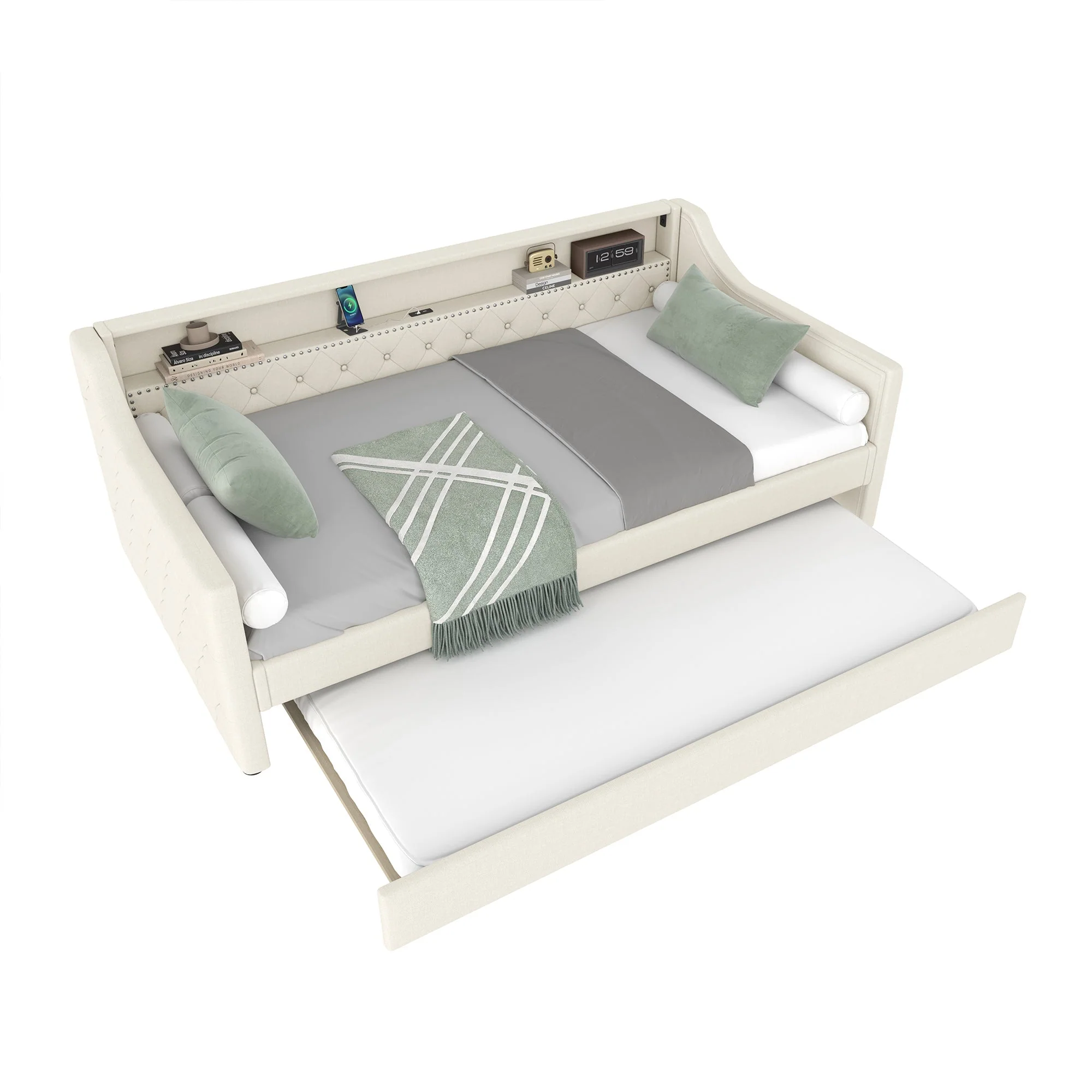 Daybed Sofa Bed 90x200cm Pull-out Bed LED Light USB Charging - Linen Beige - Image 8