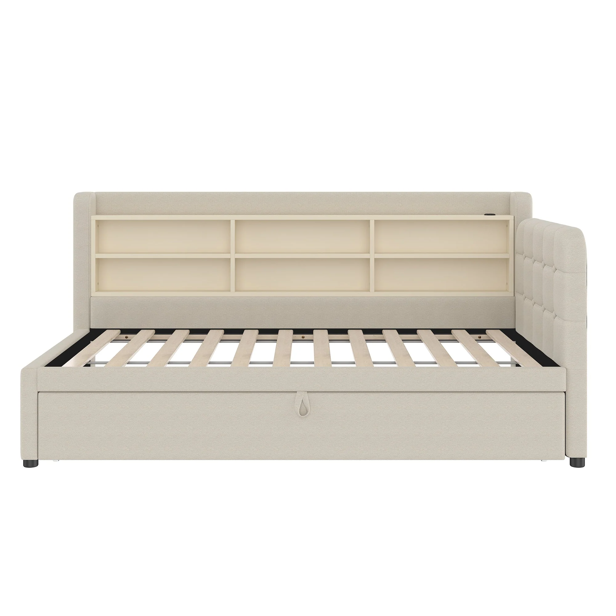 Daybed Sofa Bed 90x200cm Pull-out Bed USB/Type-C Storage Shelves - Linen Beige - Image 10
