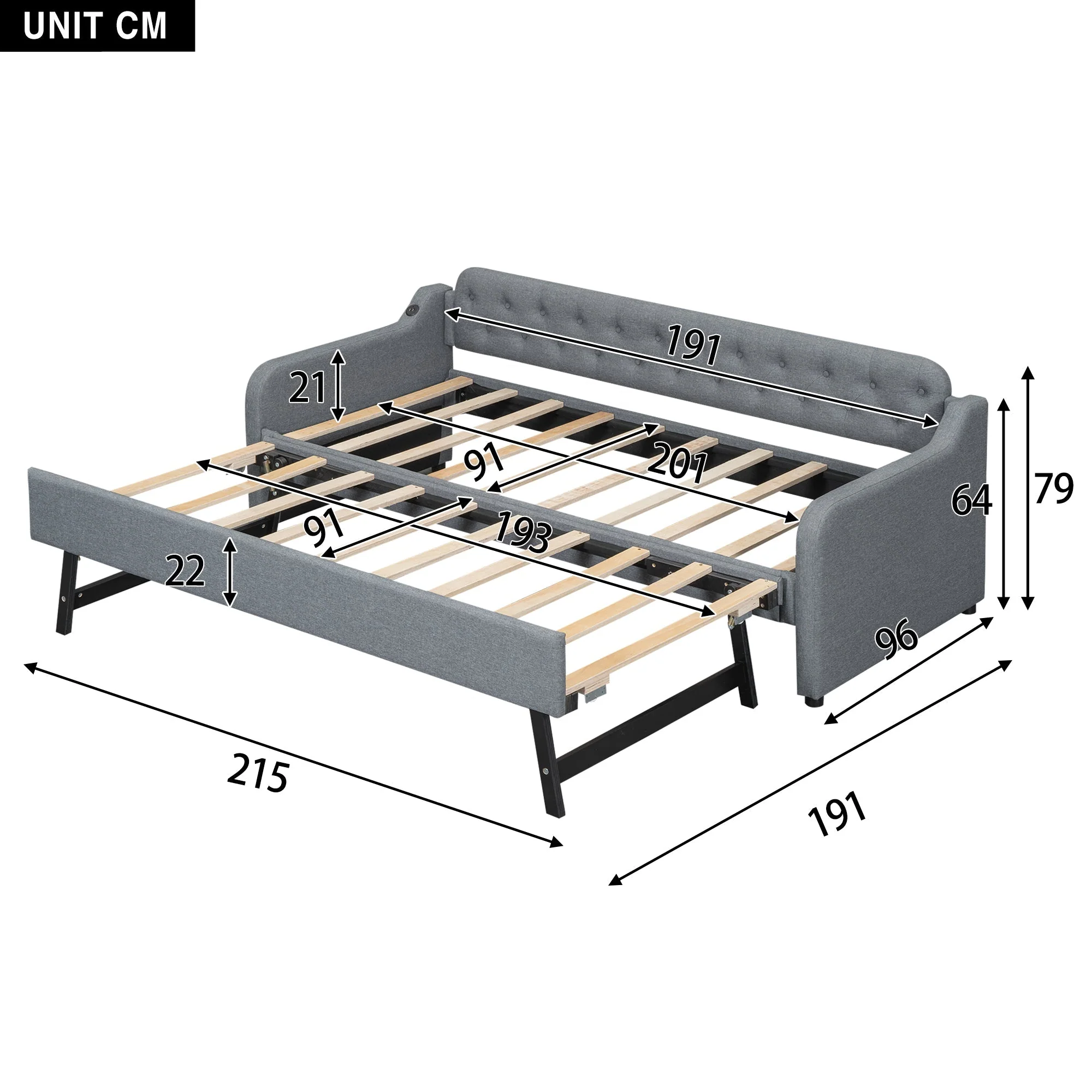 Daybed Sofa Bed 90x200cm Pull-out Rollaway USB Port - Grey - Image 6