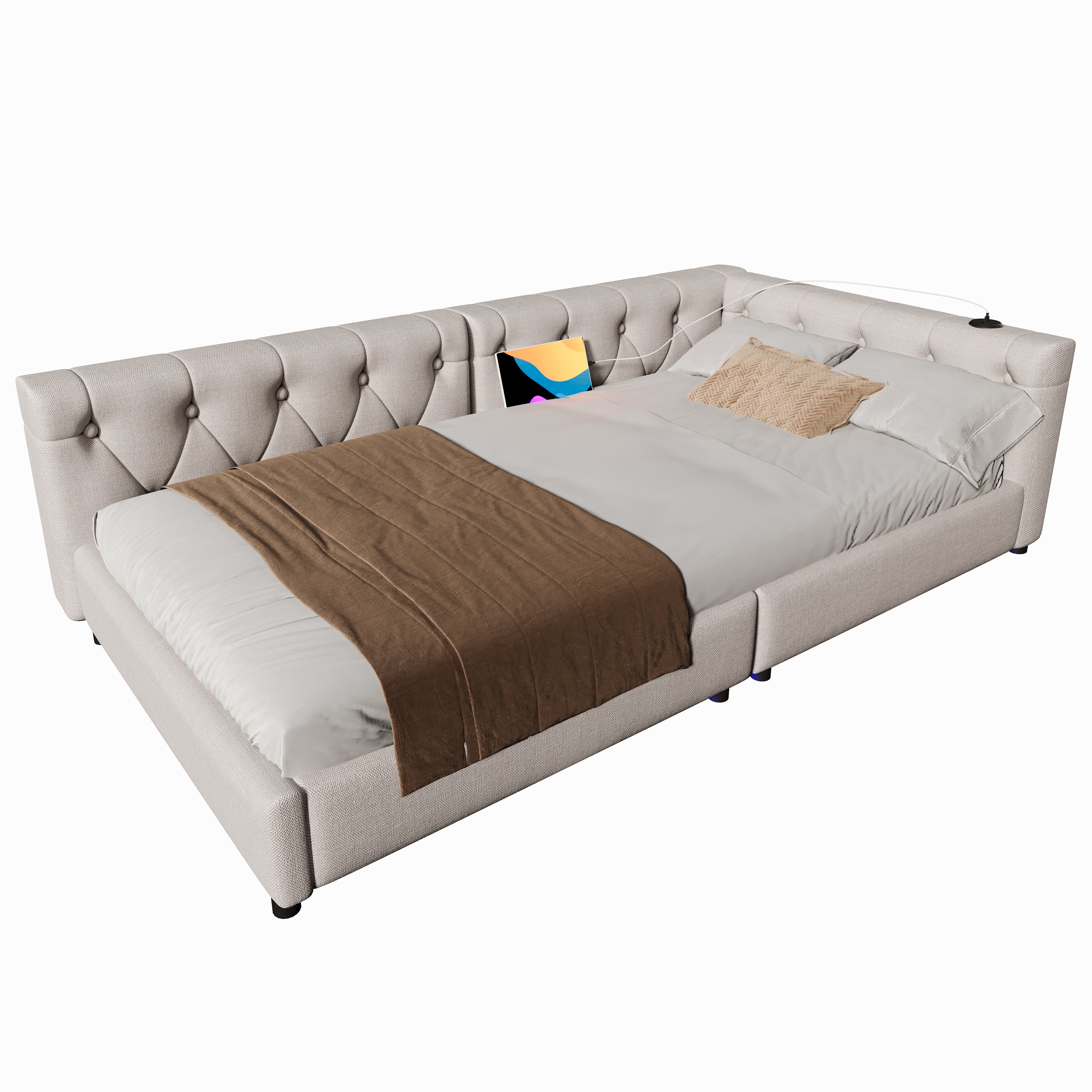 Daybed Sofa Bed 90x200cm Slatted Base LED Remote USB-C Linen Beige - Image 7