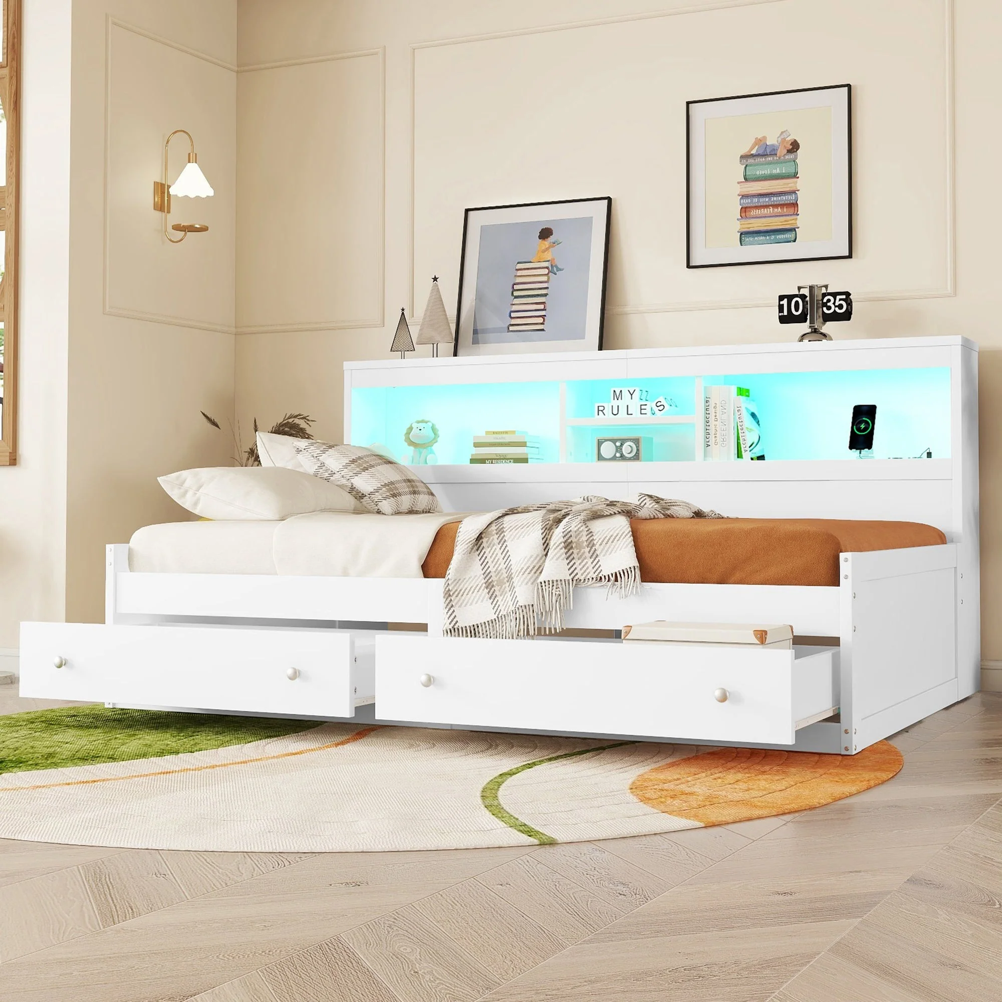 Daybed Sofa Bed 90x200cm Storage Drawers LED USB Charging - White Chipboard - Image 4