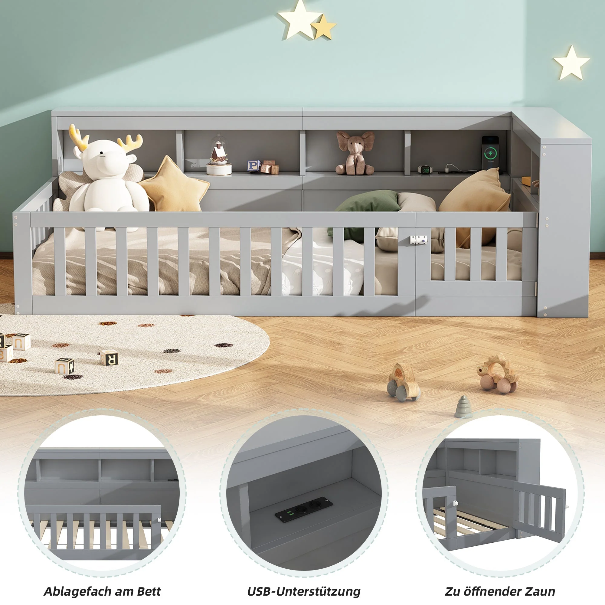 Daybed Sofa Bed 90x200cm Storage USB/Socket Railing - Grey - Image 3