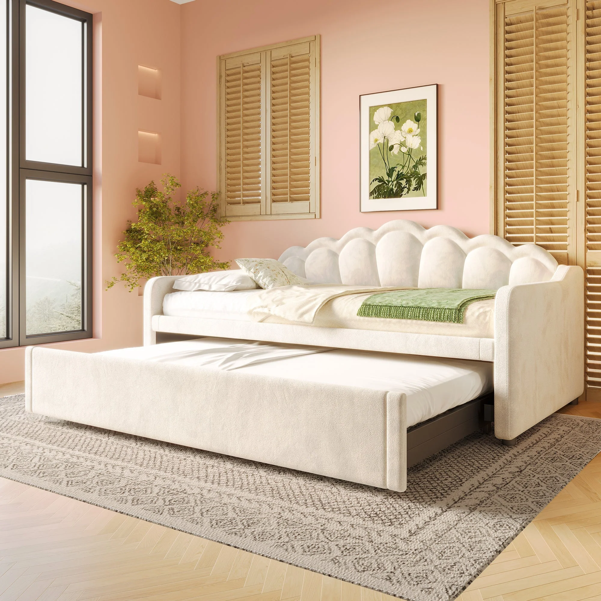 Daybed Sofa Bed Pull-out Double Bed LED 90/180x200cm - Velvet Beige - Image 5