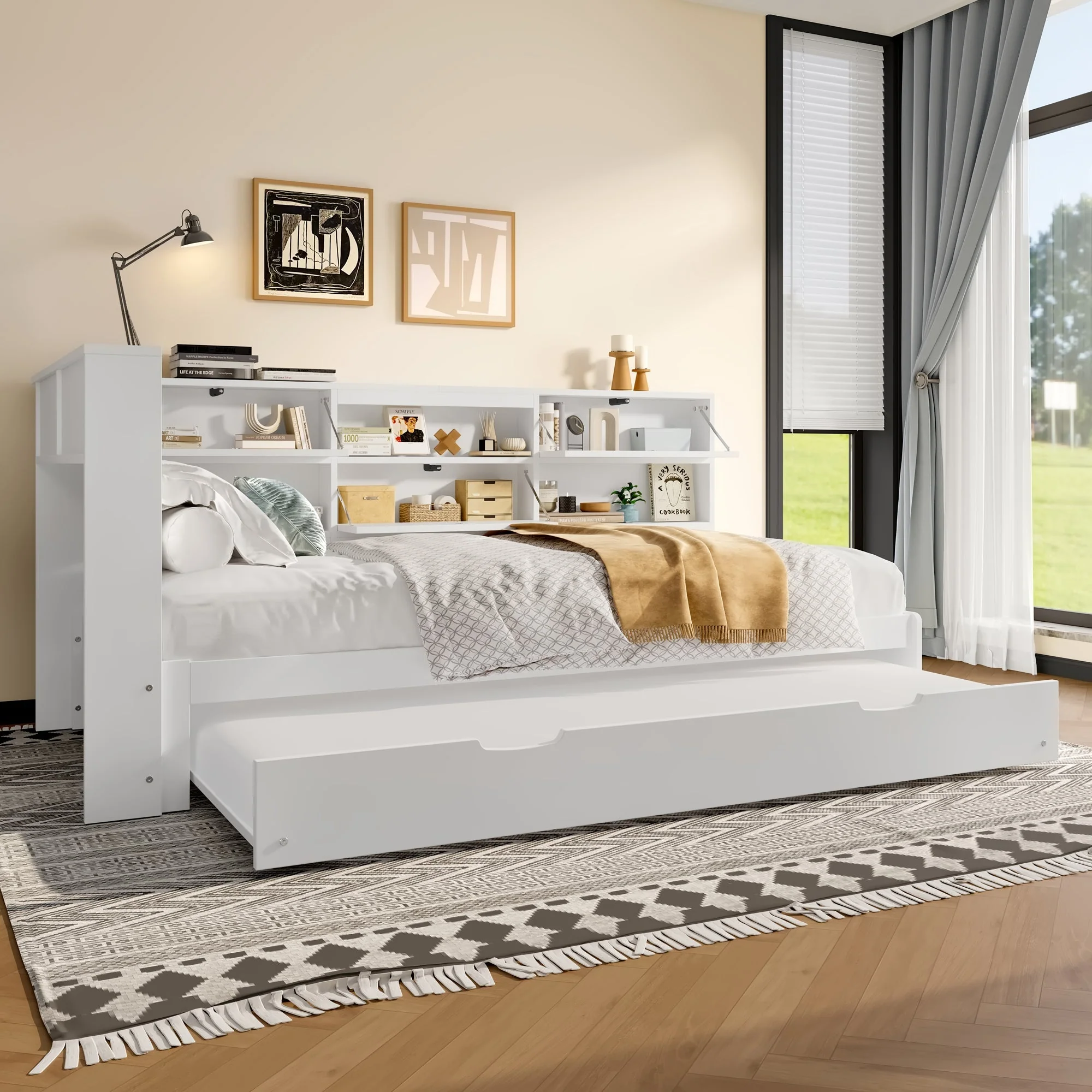 Daybed Sofa Bed with 90x200cm Storage Headboard and Extendable Bed, White - Image 2