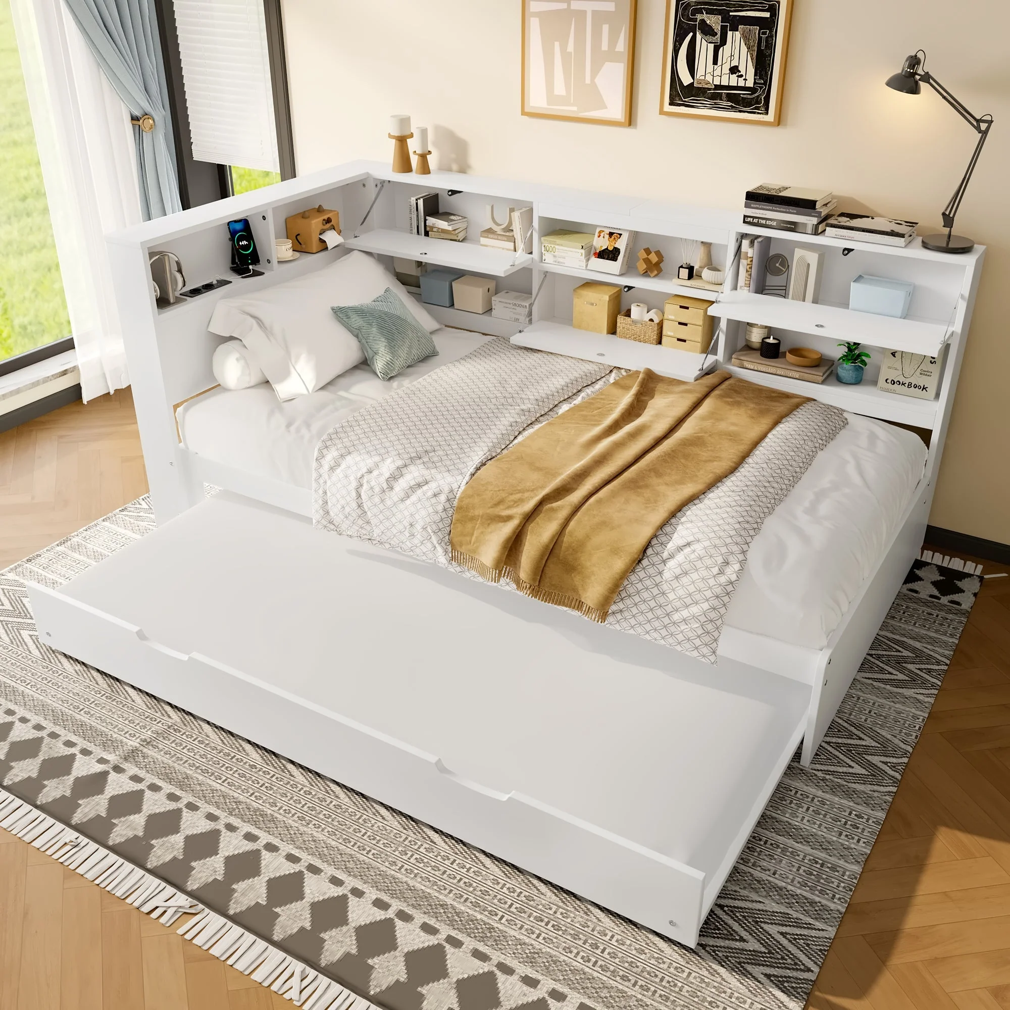Daybed Sofa Bed with 90x200cm Storage Headboard and Extendable Bed, White - Image 3