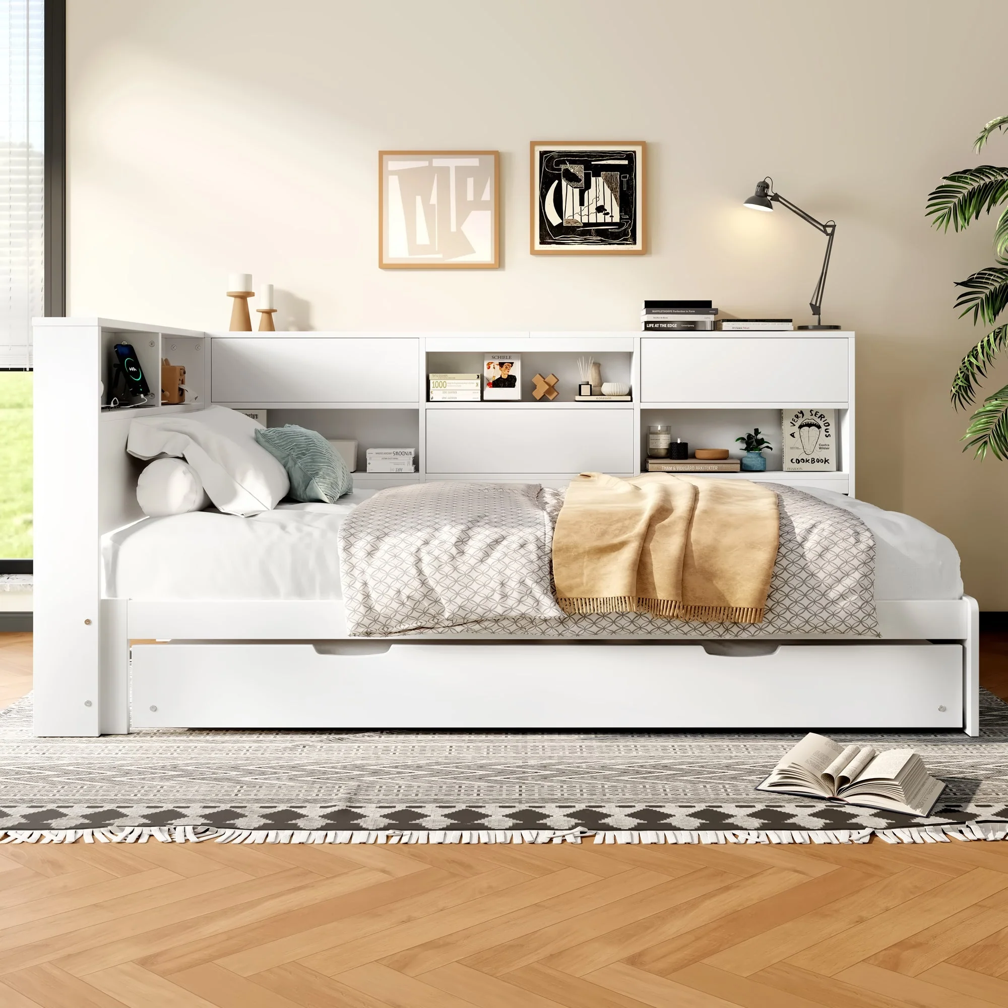 Daybed Sofa Bed with 90x200cm Storage Headboard and Extendable Bed, White - Image 4