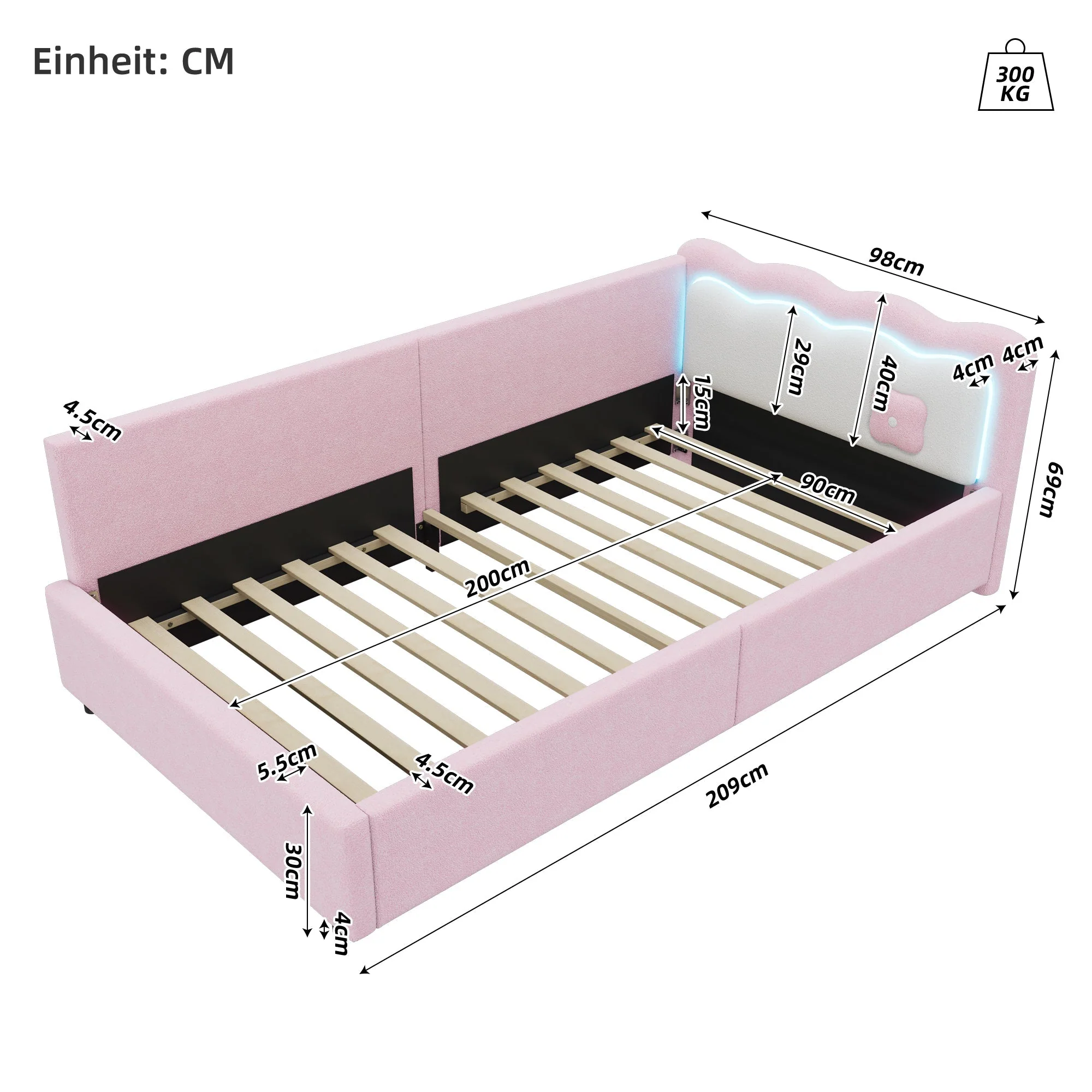 Daybed Sofa Bed with LED Ambient Light and Slatted Base, Pink Imitation Fleece - Image 8