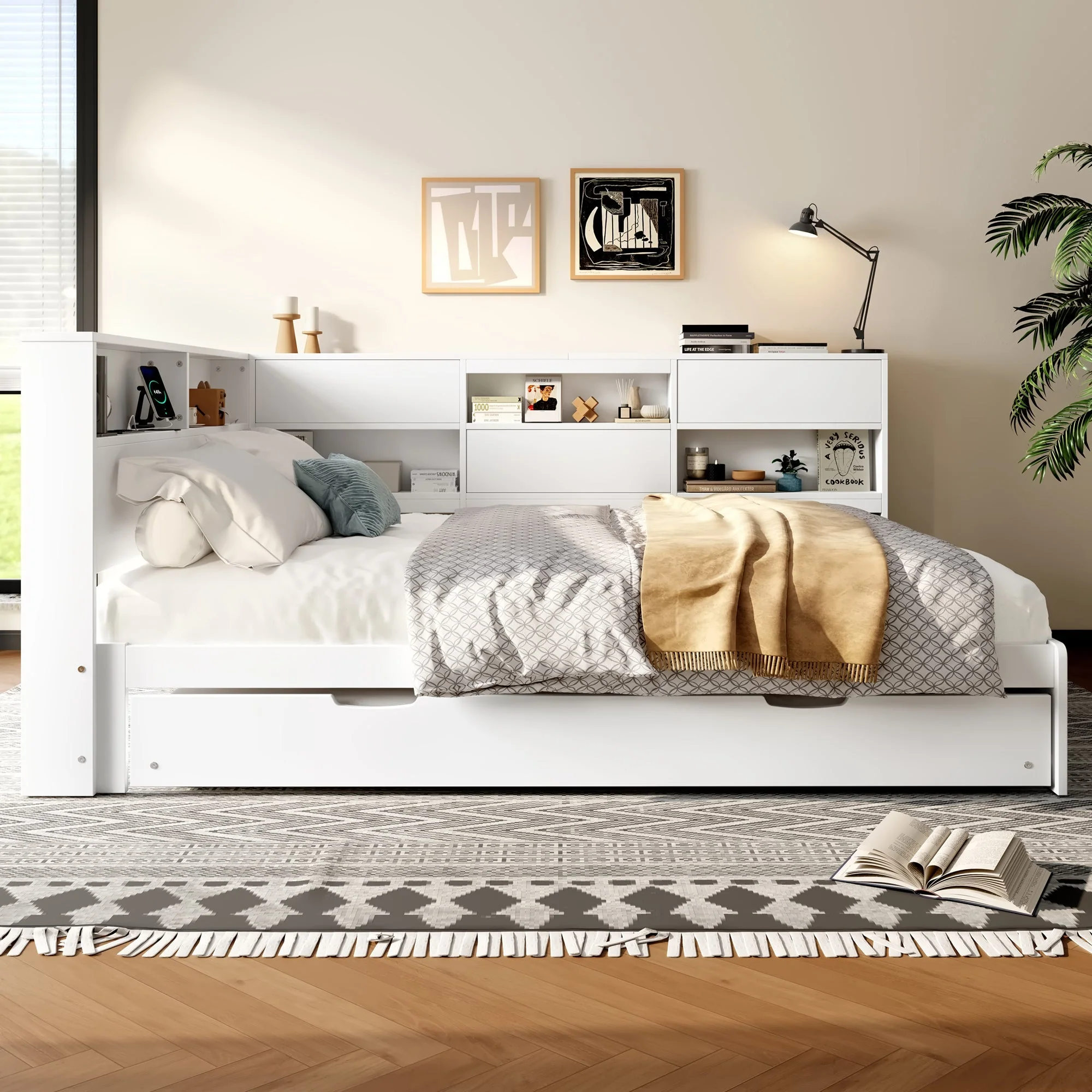 Daybed Sofa Bed with Storage Headboard and Extendable Trundle, 140x200cm, White - Image 5