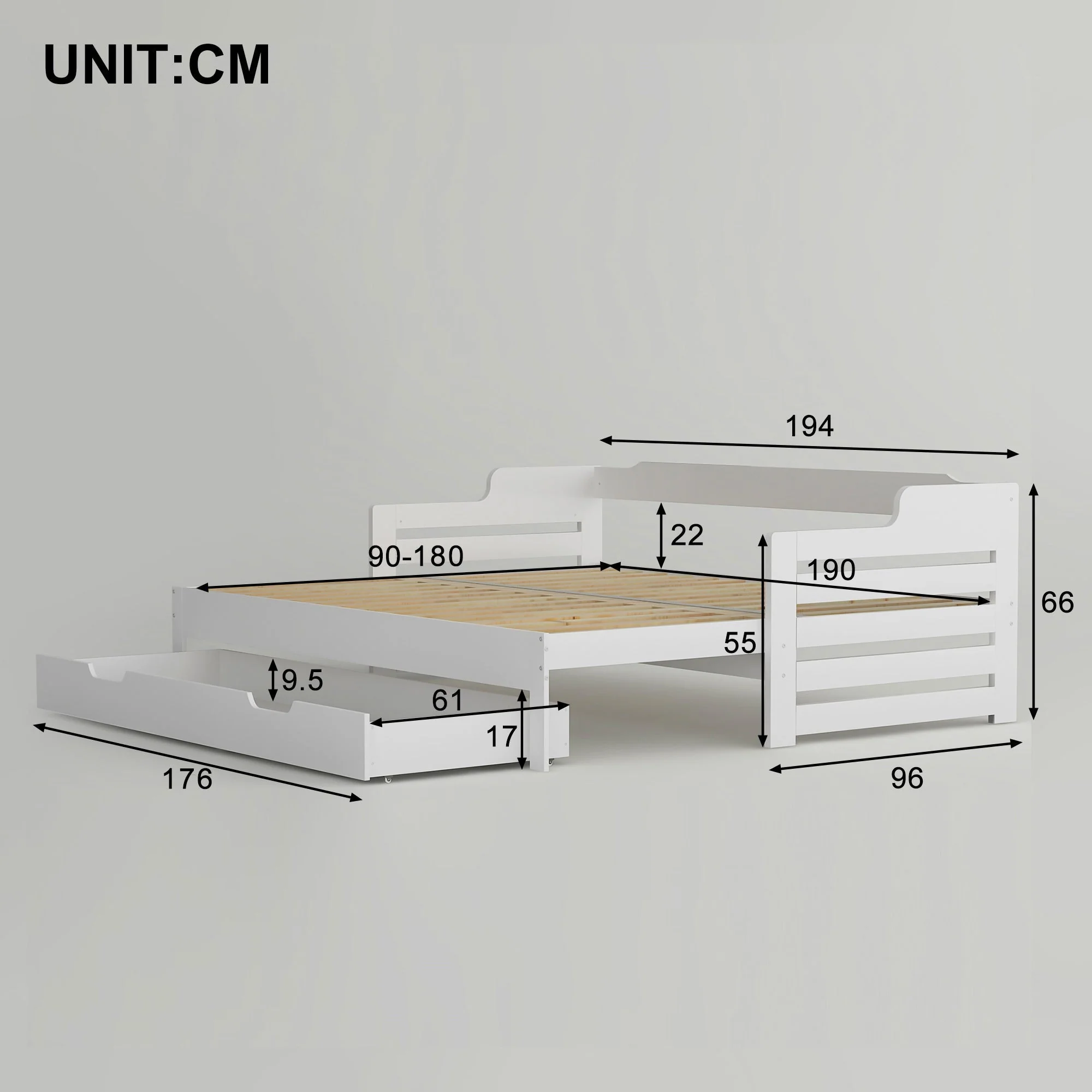 Daybed, Trundle and Drawer, Cabin Bed, Single Guest Sofa Bed with Pull-out Trundle and Storage, 90x190cm, White - Image 5