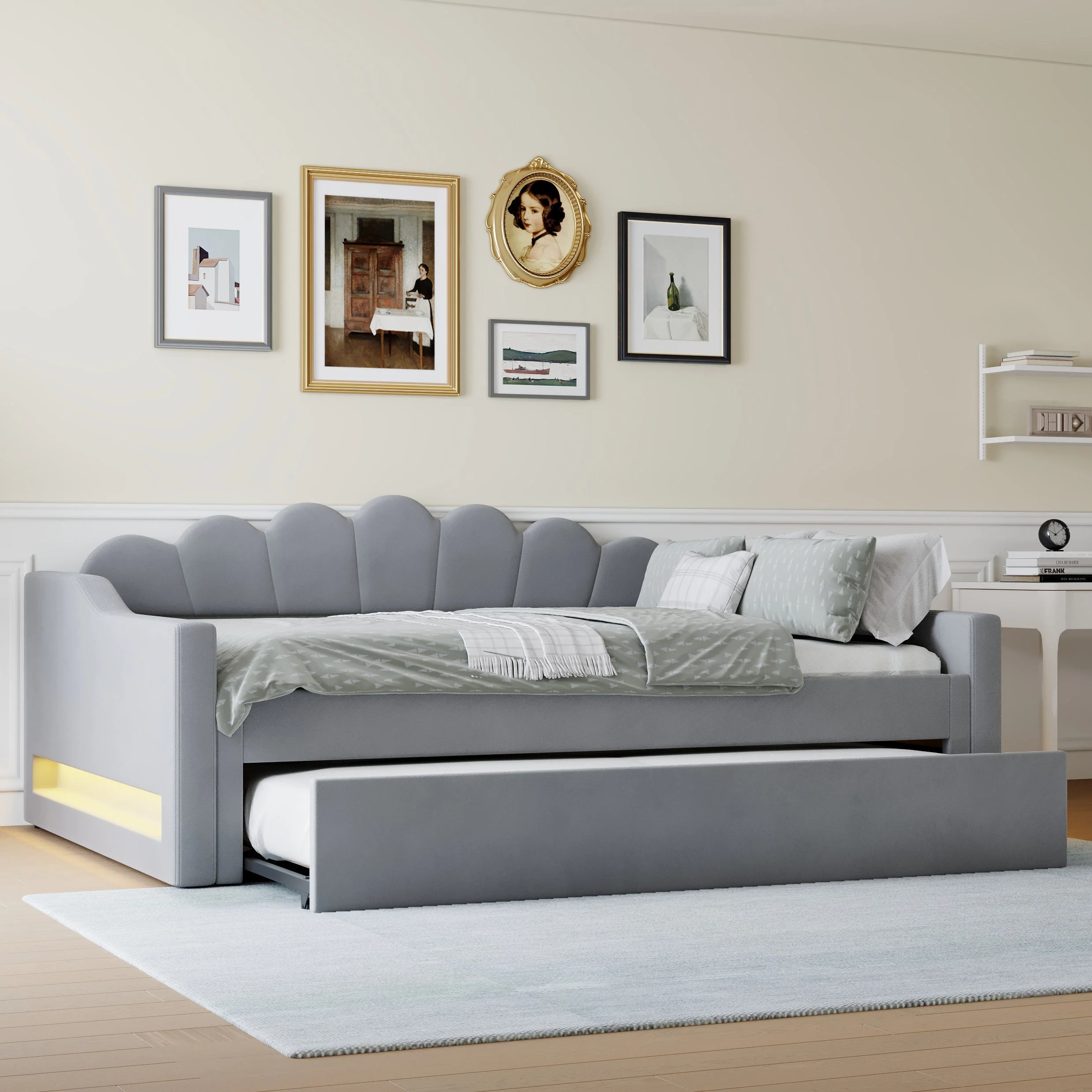 Daybed Upholstered 140x200cm LED Pull-out Bed - Grey