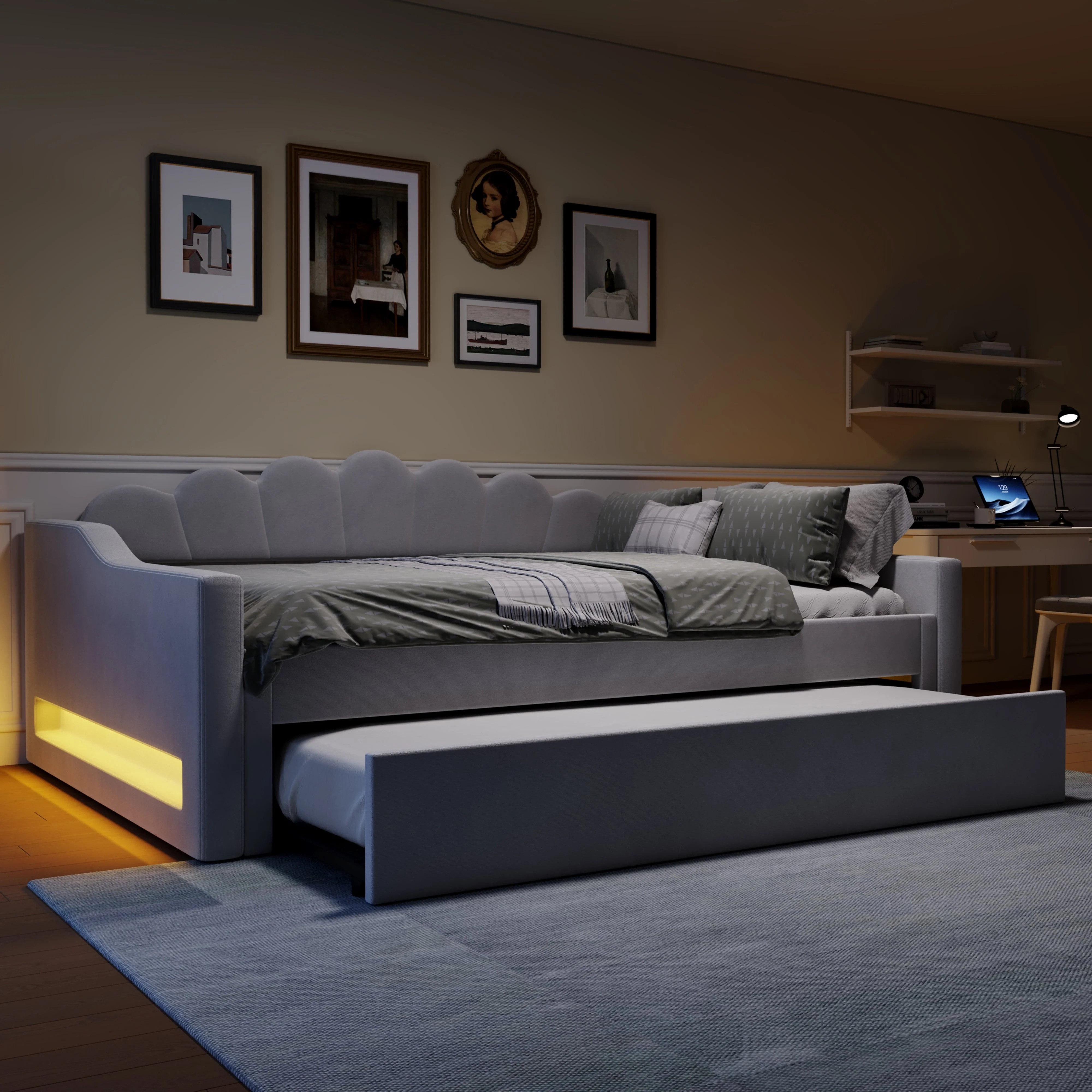 Daybed Upholstered 140x200cm LED Pull-out Bed - Grey - Image 4