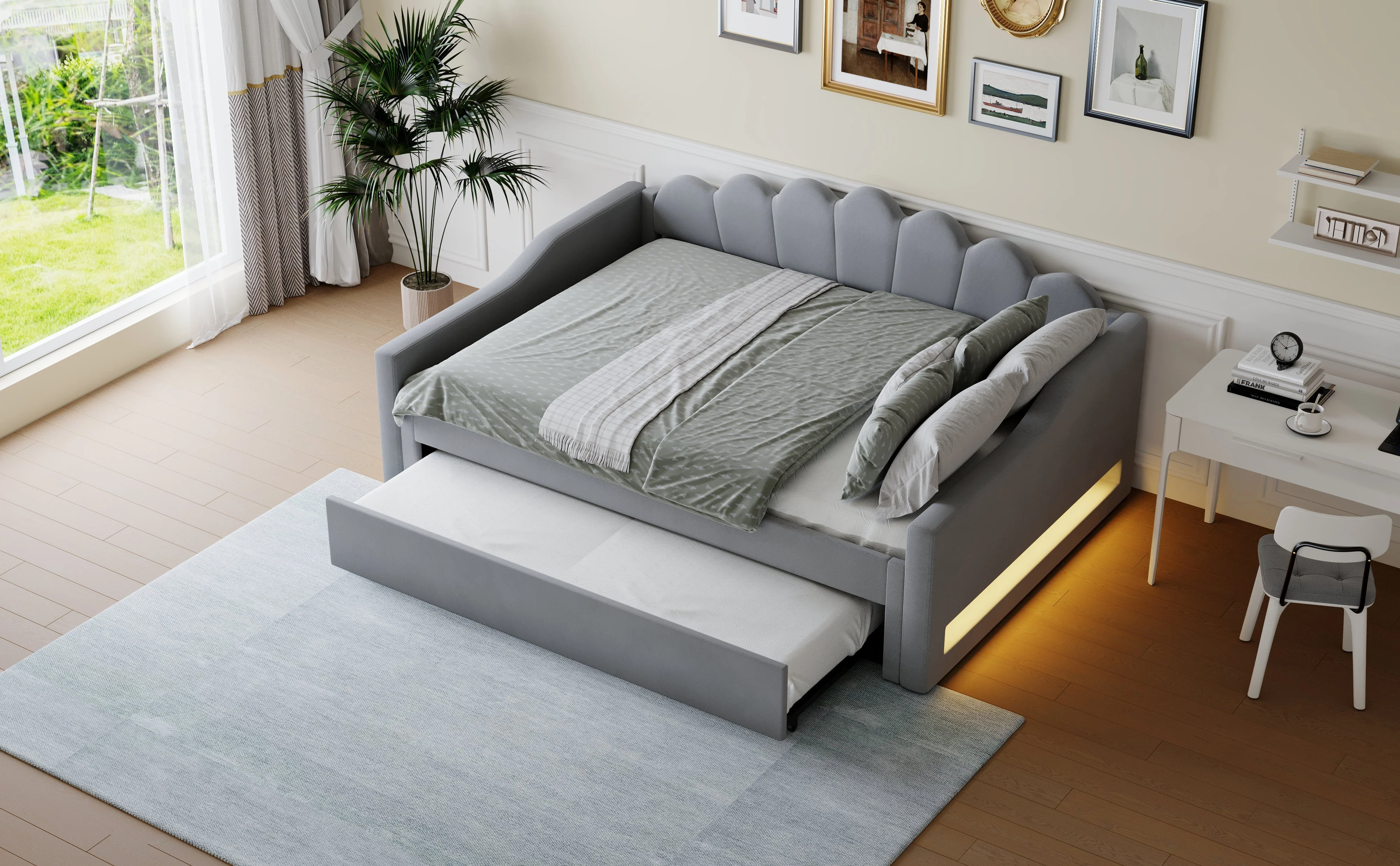 Daybed Upholstered 140x200cm LED Pull-out Bed - Grey - Image 9