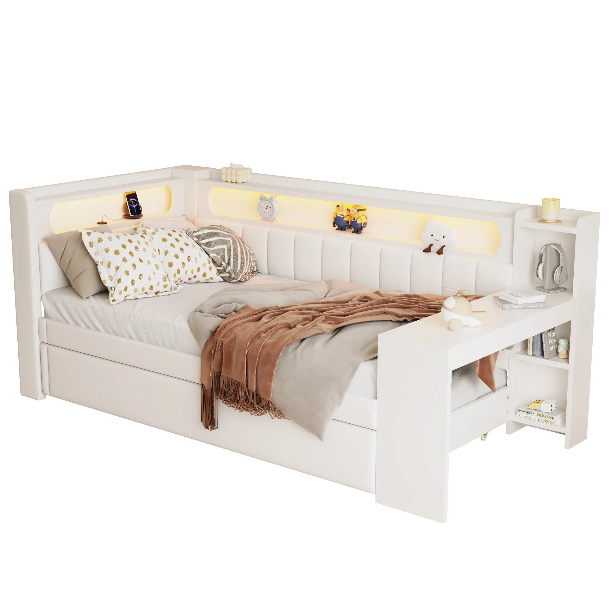 Daybed Upholstered 90x200cm Pull-out Bed Desk LED USB - White - Image 5
