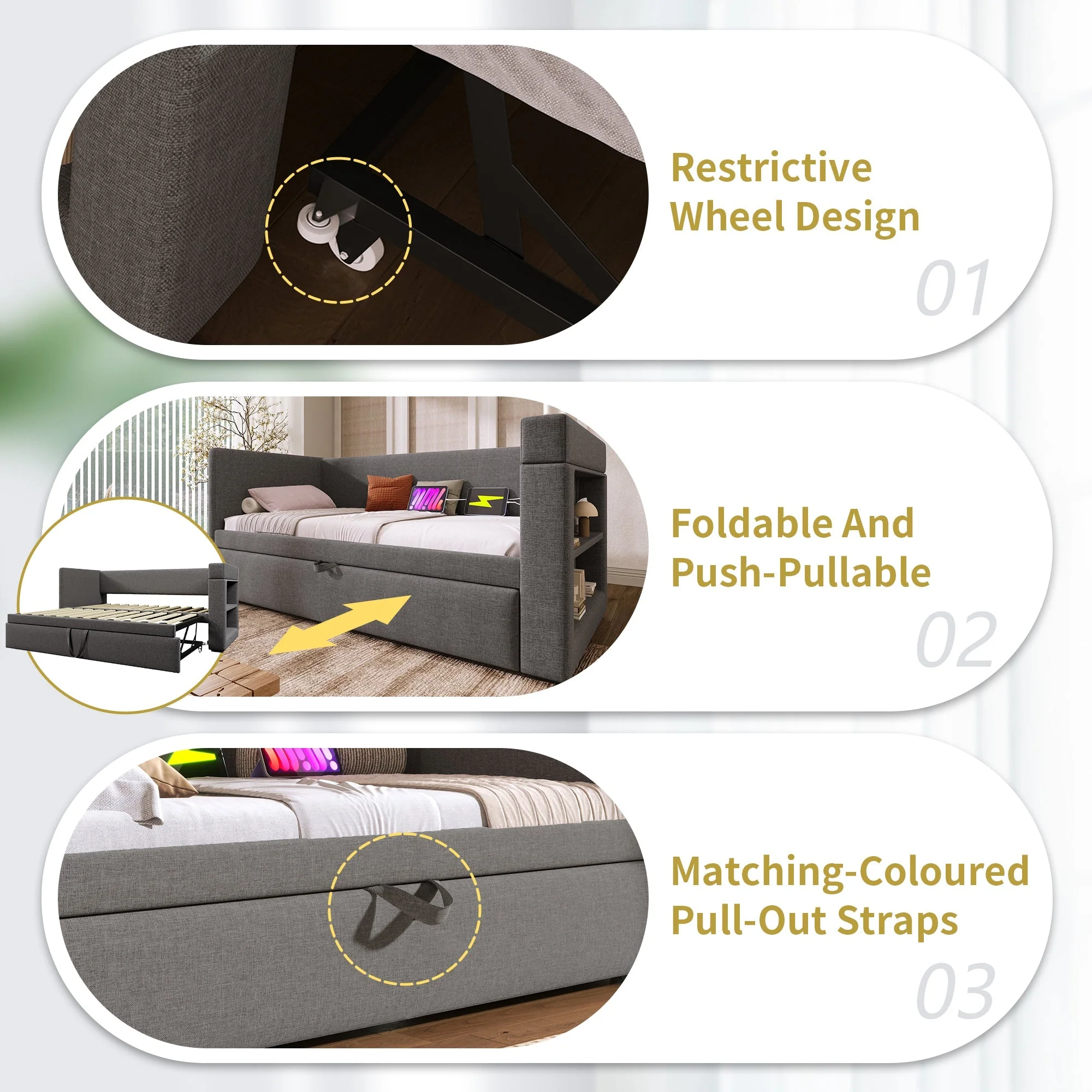 Daybed Upholstered Bed, 3FT Single Sofa Bed w/ Cup Holders, USB Charging & Trundle, Linen Grey - Image 5