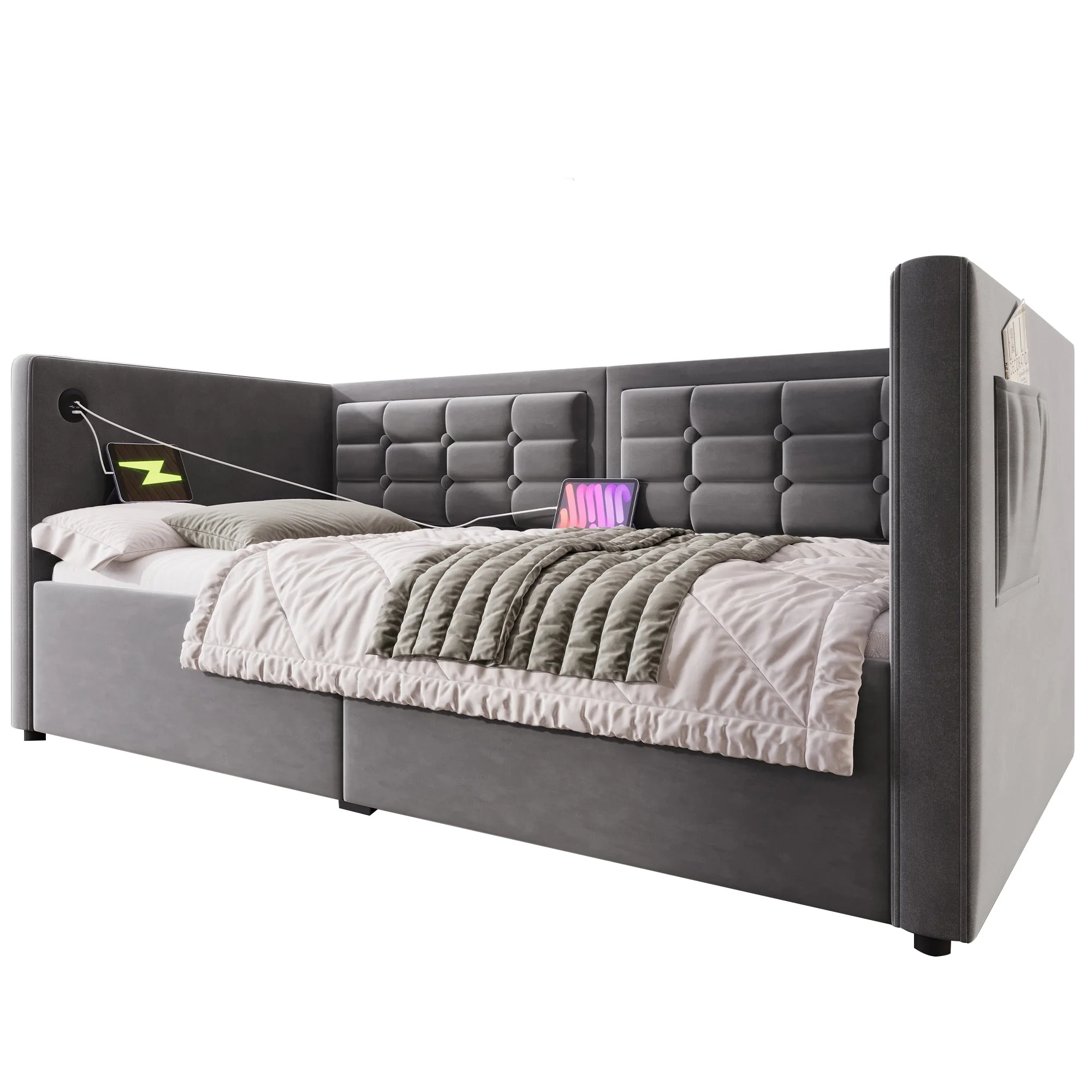 Daybed Upholstered Bed 90 x 190 cm 3FT Single Sofa Bed with Charging Station, Hydraulic Storage, Velvet Grey (No Mattress) - Image 6