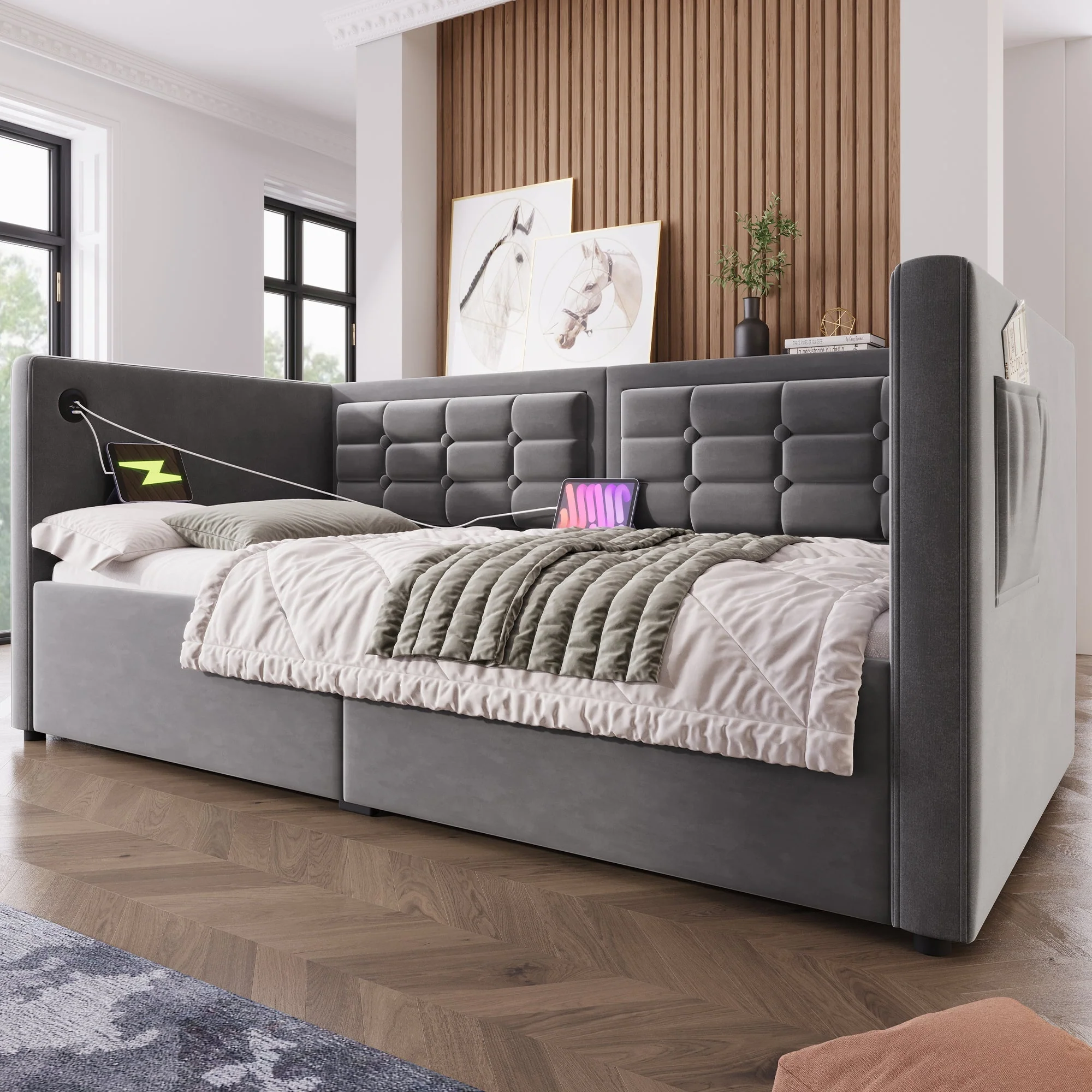 Daybed Upholstered Bed 90 x 190 cm 3FT Single Sofa Bed with Charging Station, Hydraulic Storage, Velvet Grey (No Mattress) - Image 7