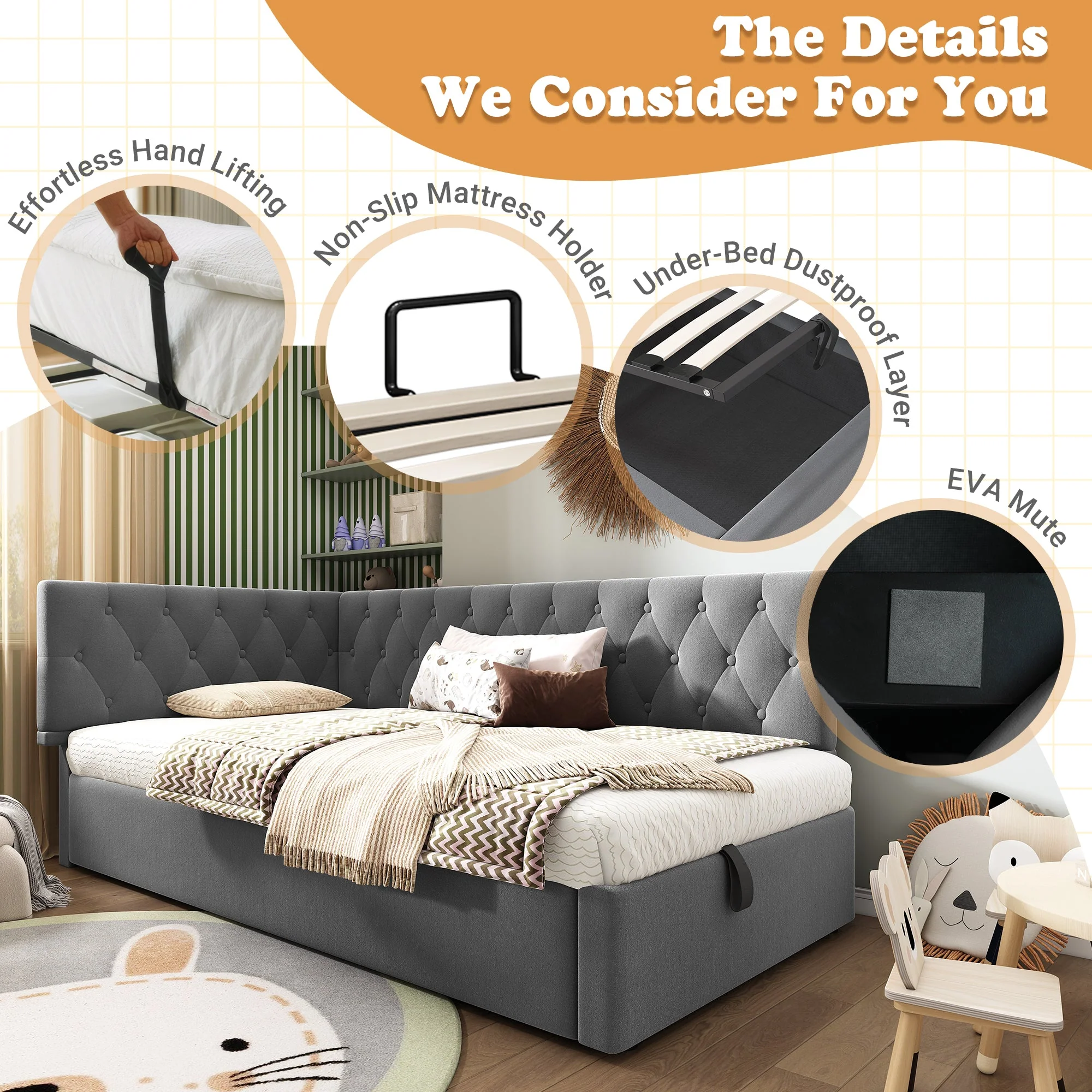 Daybed Upholstered Bed with Storage, 3FT Single Sofa Bed, Hydraulic Storage, Metal Slatted Frame, Velvet, Grey - Image 4
