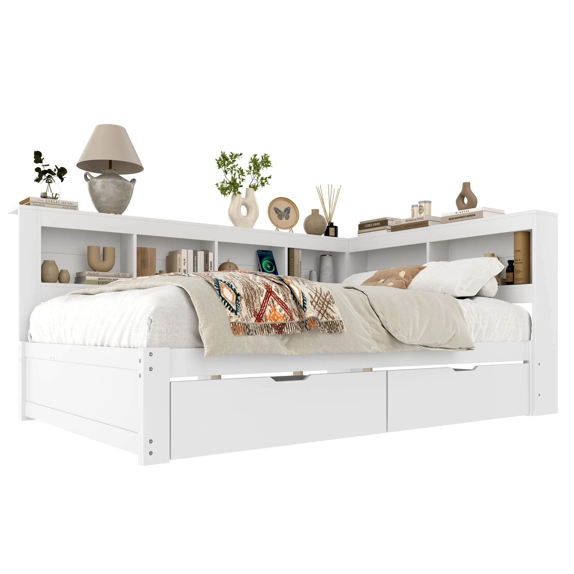 Daybed with 2 Drawers and USB Charging Ports, 140 x 200 cm, White Chipboard - Image 7