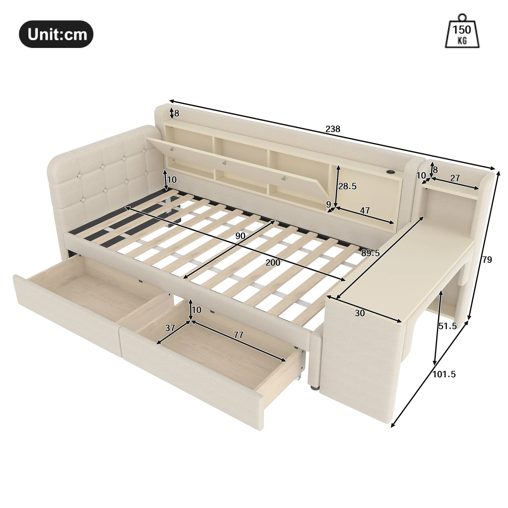 Daybed with Desk and Drawers, USB Ports and Storage, Beige Linen - Image 10