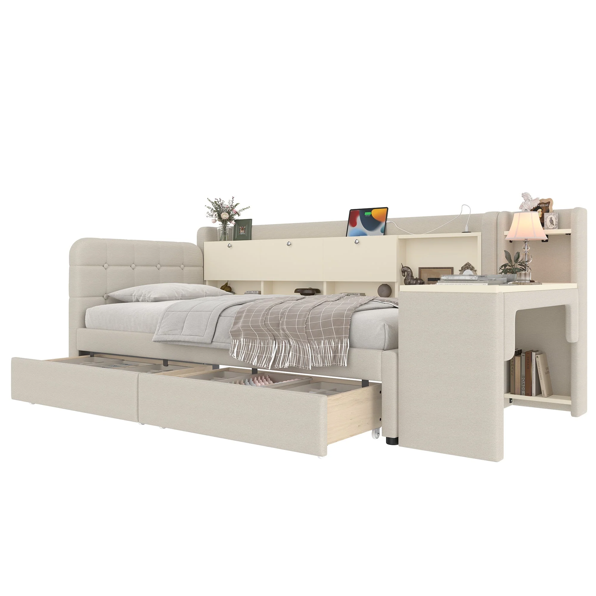 Daybed with Desk and Drawers, USB Ports and Storage, Beige Linen - Image 8