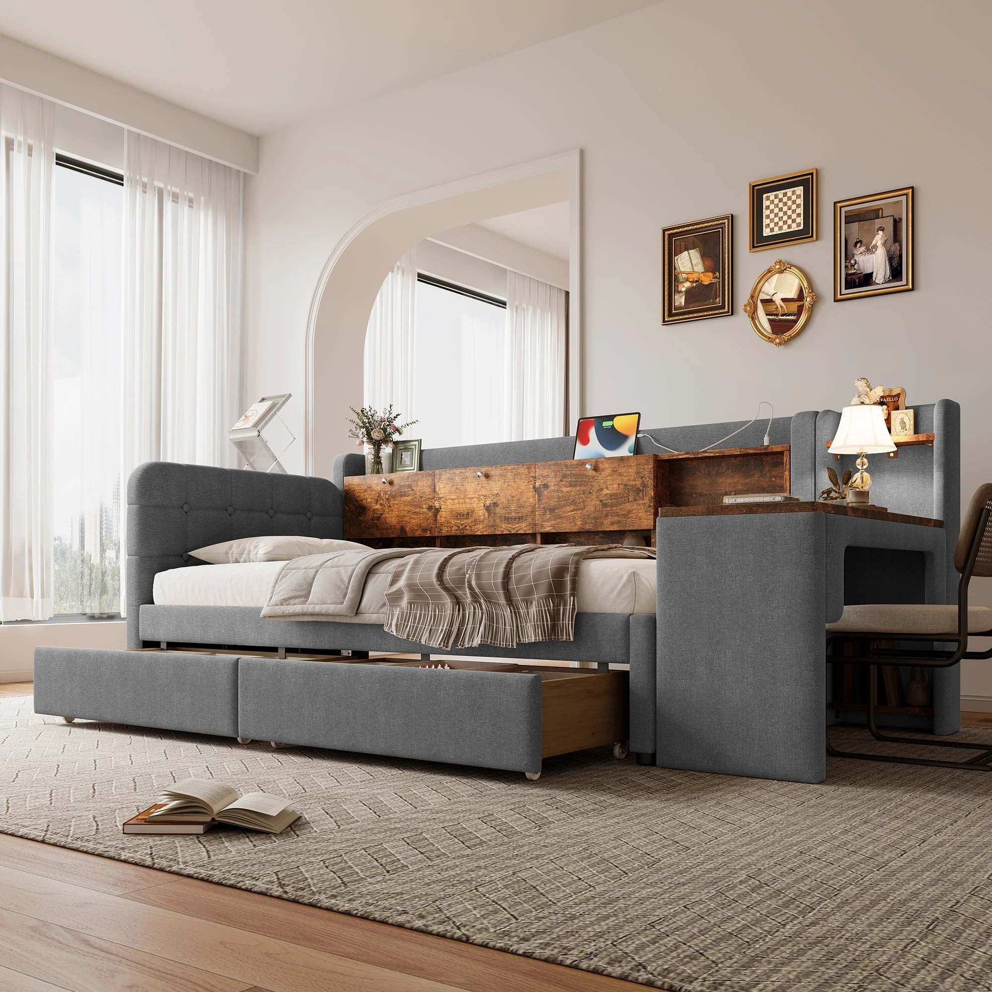 Daybed with Desk and USB Charging, 2 Drawers and Storage Compartments, Grey Linen - Image 5