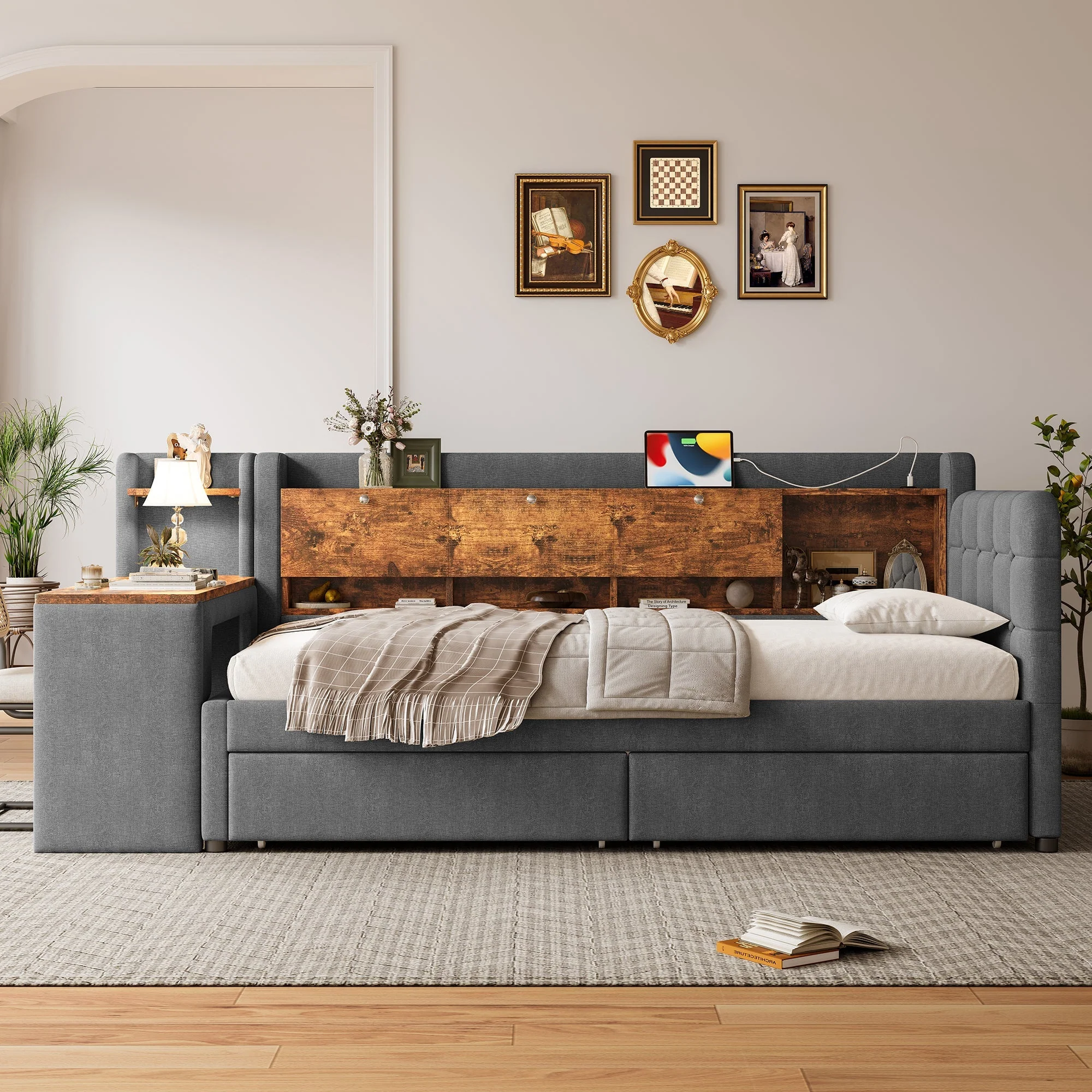Daybed with Desk and USB Charging, 2 Drawers and Storage Compartments, Grey Linen - Image 6