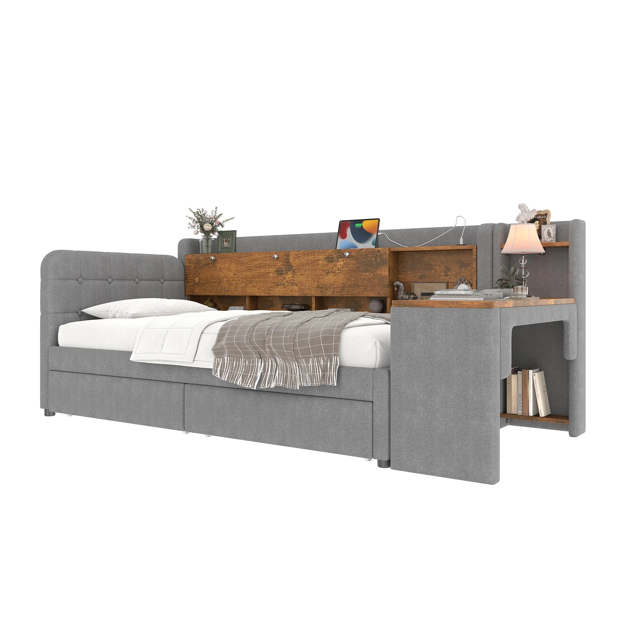 Daybed with Desk and USB Charging, 2 Drawers and Storage Compartments, Grey Linen - Image 7