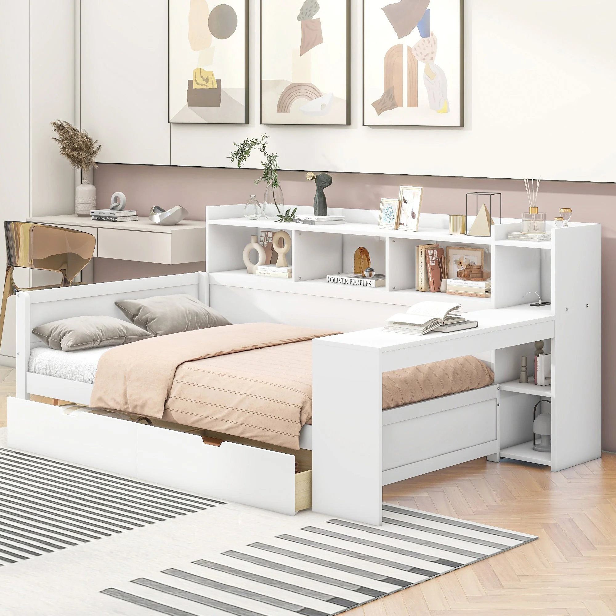 Daybed with Desk and USB Charging Port, 90 x 200 cm with 2 Drawers and Storage Shelves, White Chipboard - Image 6