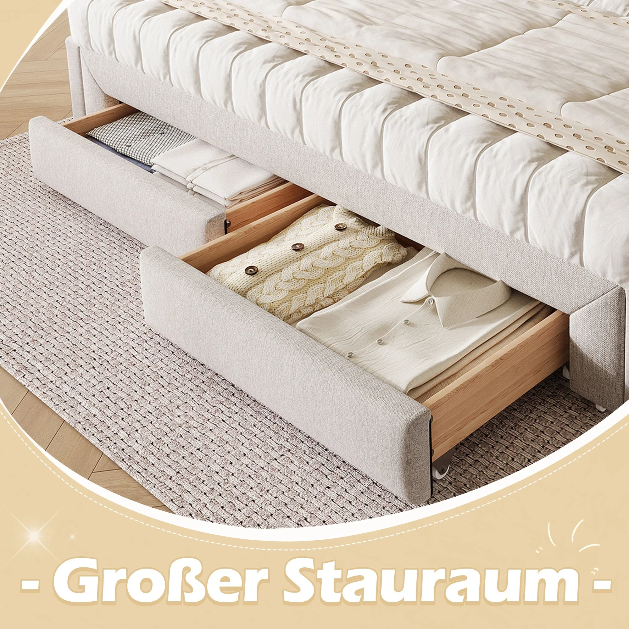 Daybed with Extendable Frame and 2 Storage Drawers, Beige Samt and MDF - Image 4
