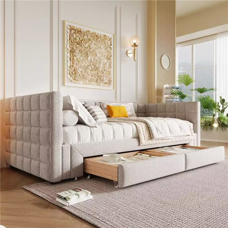 Daybed with Extendable Frame and 2 Storage Drawers, Beige Samt and MDF - Image 6