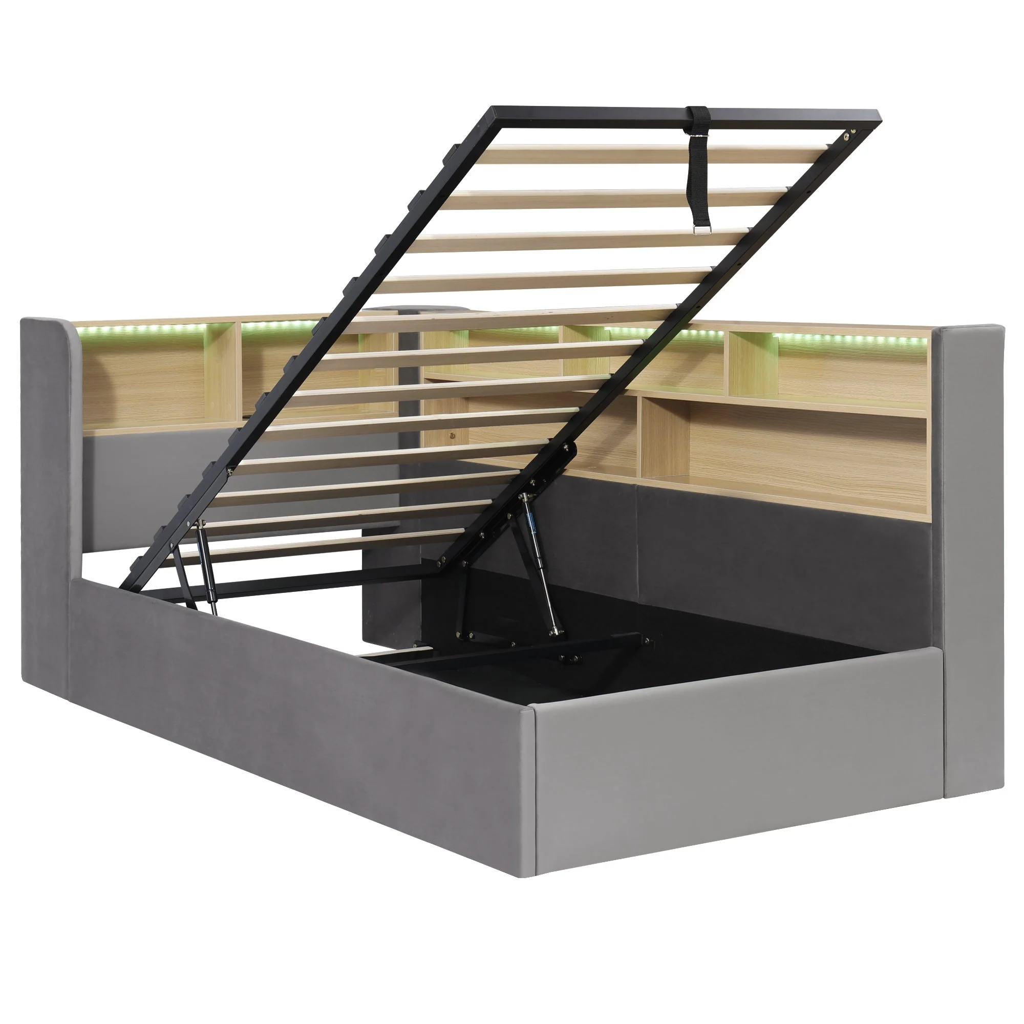 Daybed with Hydraulic Storage, LED and USB, Grey Velvet - Image 9