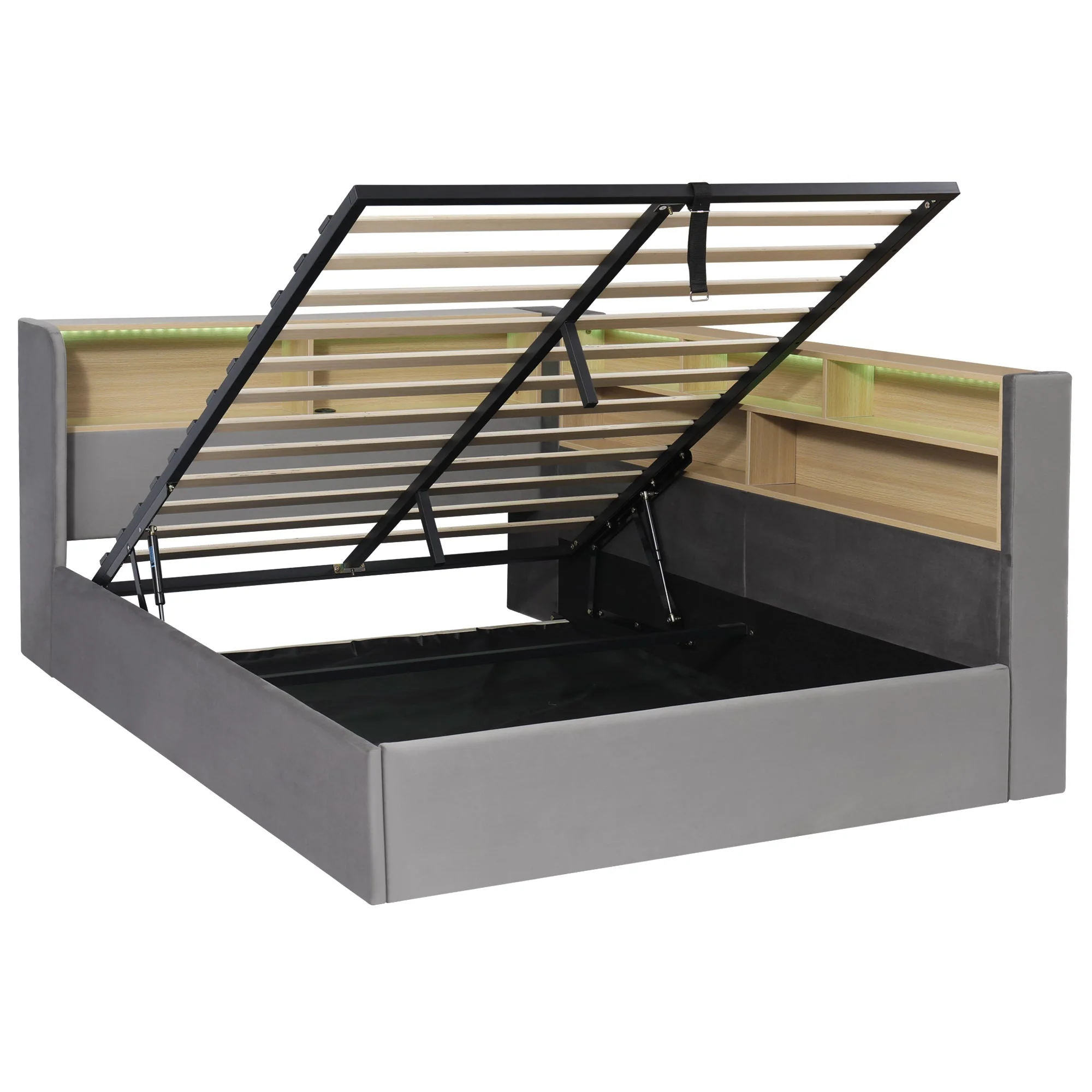 Daybed with Hydraulic Storage, LED, USB and Backrest, Grey Velvet - Image 10