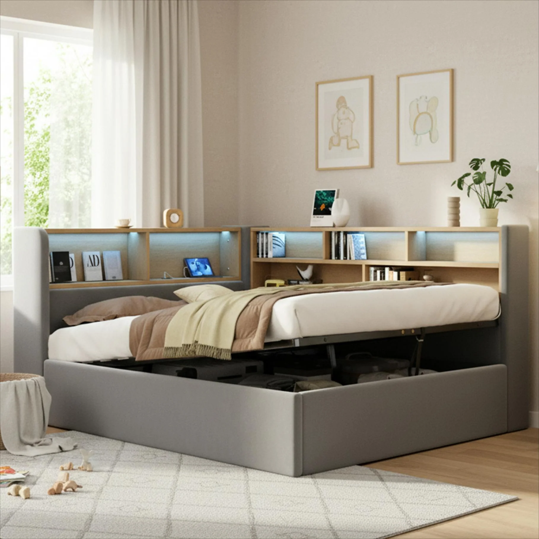 Daybed with Hydraulic Storage, LED, USB and Backrest, Grey Velvet - Image 3