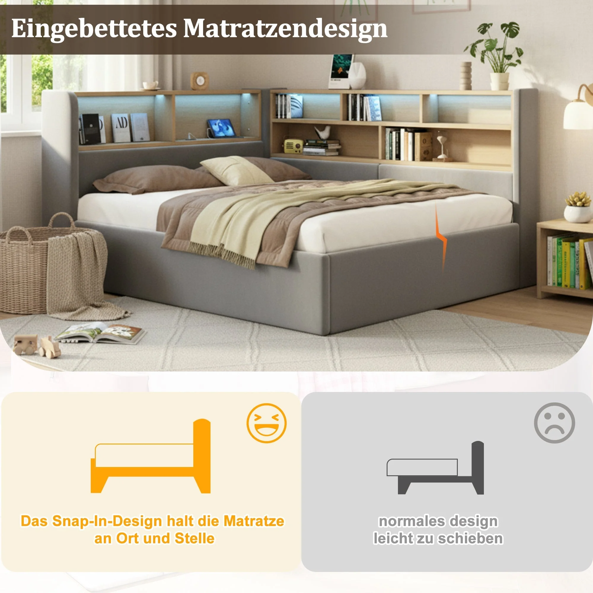 Daybed with Hydraulic Storage, LED, USB and Backrest, Grey Velvet - Image 6
