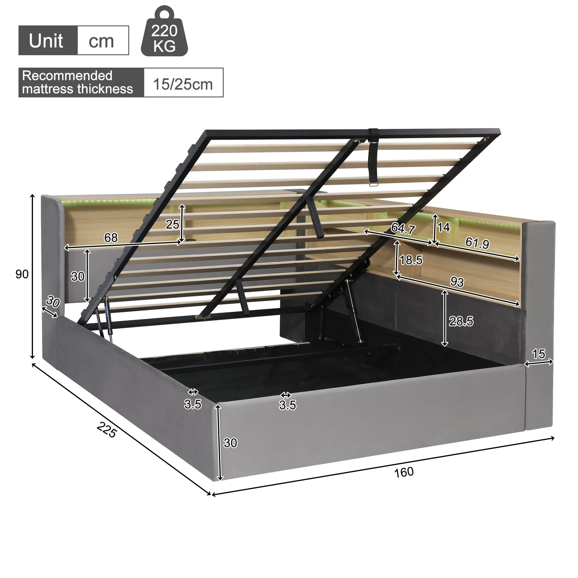 Daybed with Hydraulic Storage, LED, USB and Backrest, Grey Velvet - Image 9