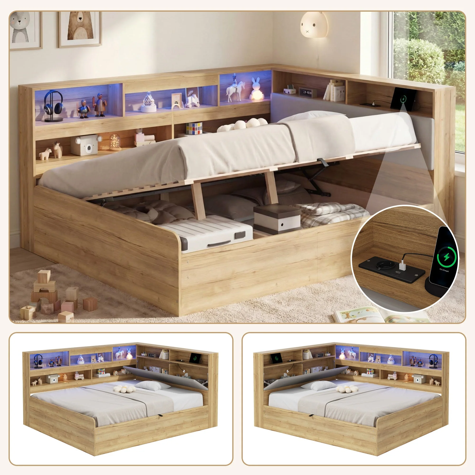 Daybed with Hydraulic Storage, USB Charging and LED Lighting, 140x200cm, Natural Wood